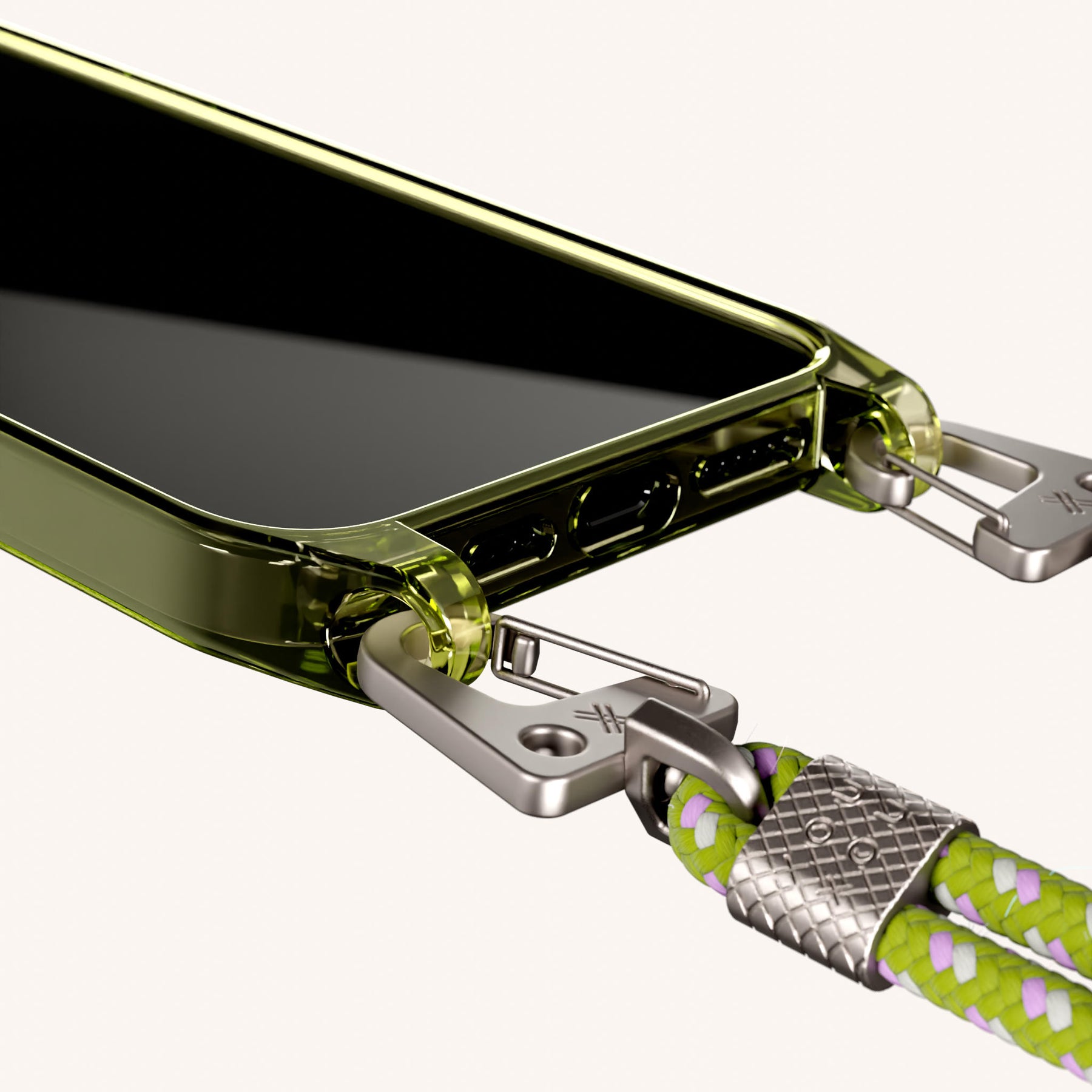 Phone Necklace with Carabiner Rope in Sunny Lime Clear + Spotted Olive