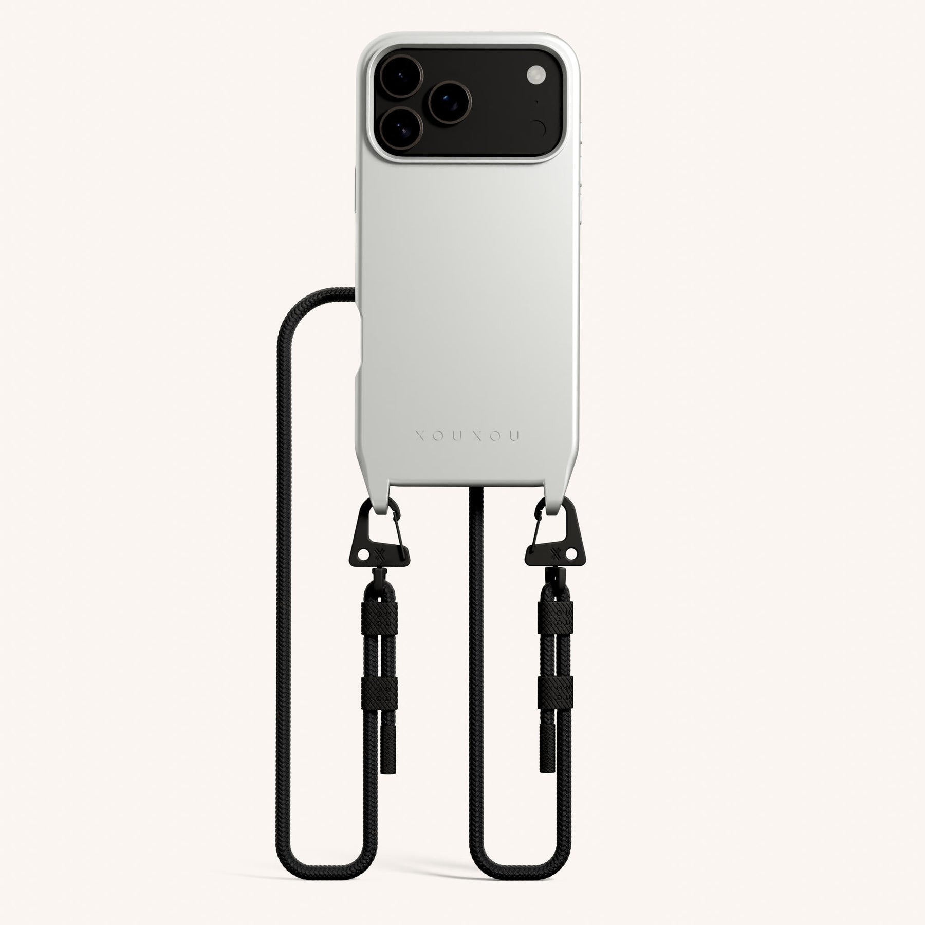 Phone Necklace with Carabiner Rope in Y2K Silver + Black