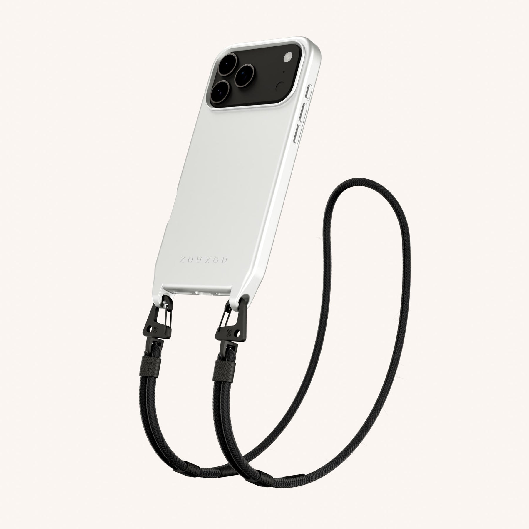 Phone Necklace with Carabiner Rope in Y2K Silver + Black