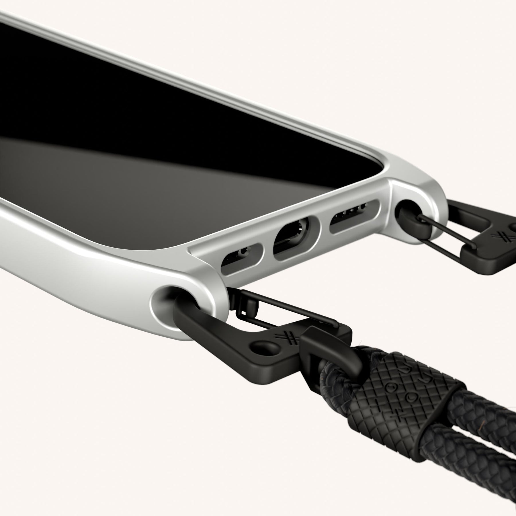 Phone Necklace with Carabiner Rope in Y2K Silver + Black