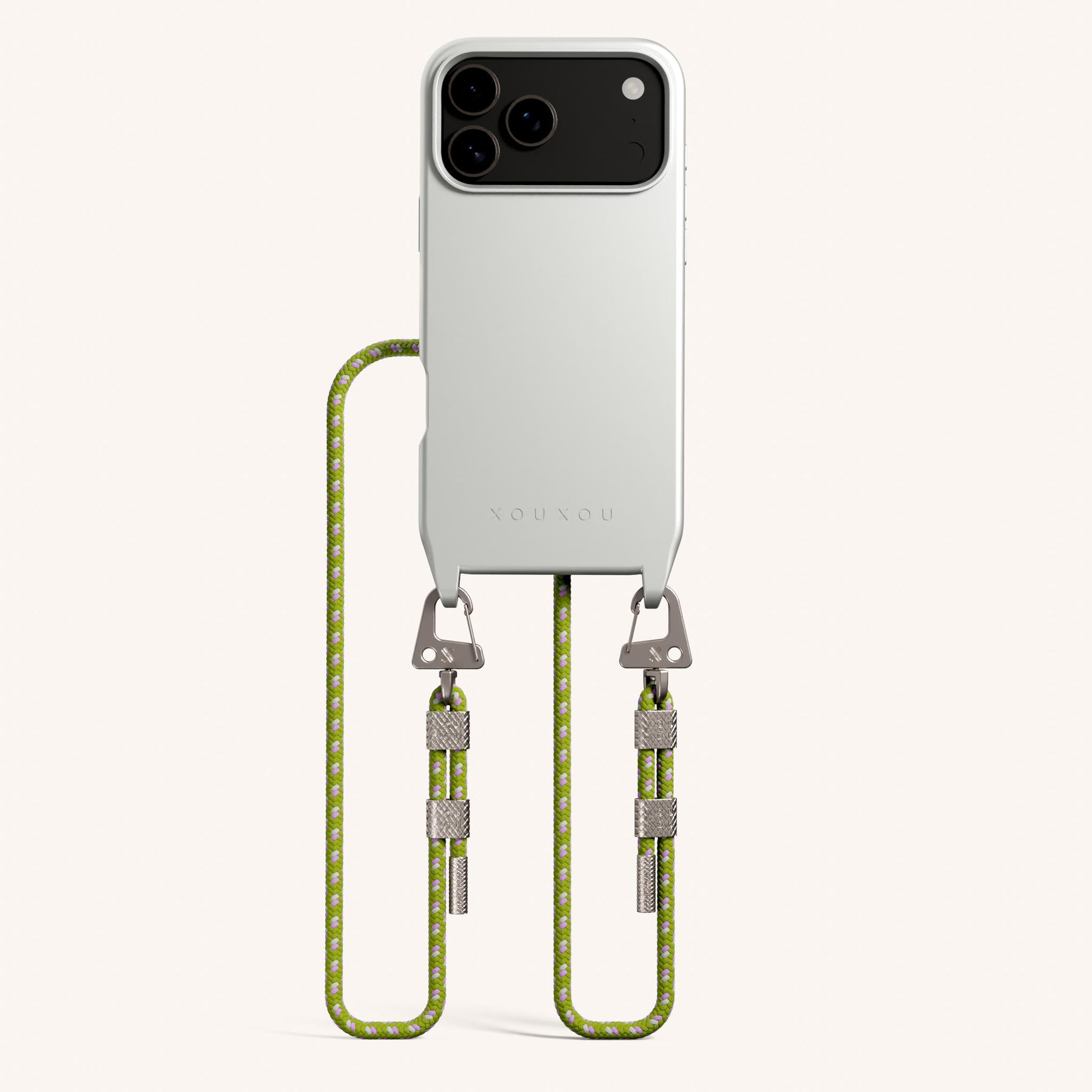 Phone Necklace with Carabiner Rope in Y2K Silver + Spotted Olive