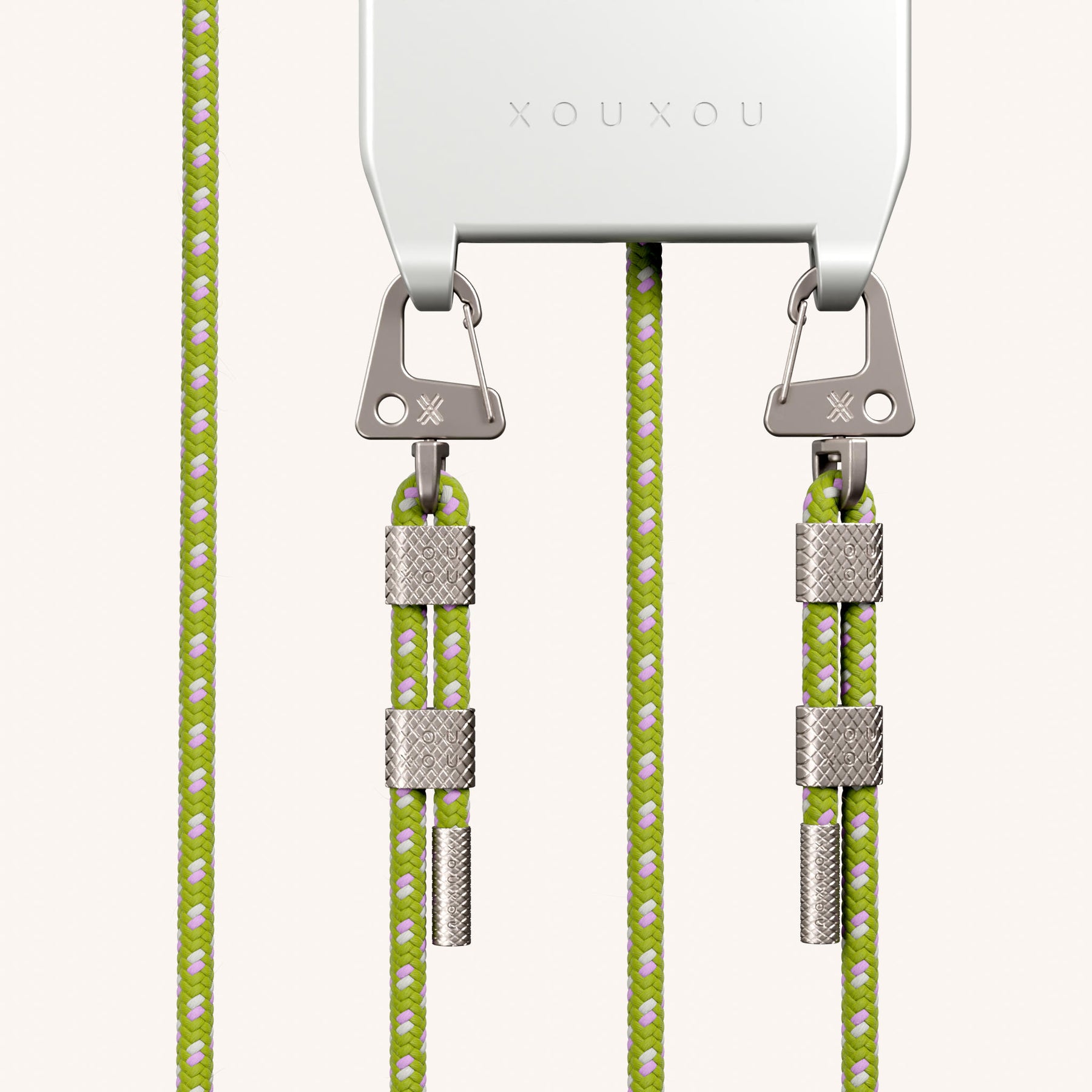 Phone Necklace with Carabiner Rope in Y2K Silver + Spotted Olive