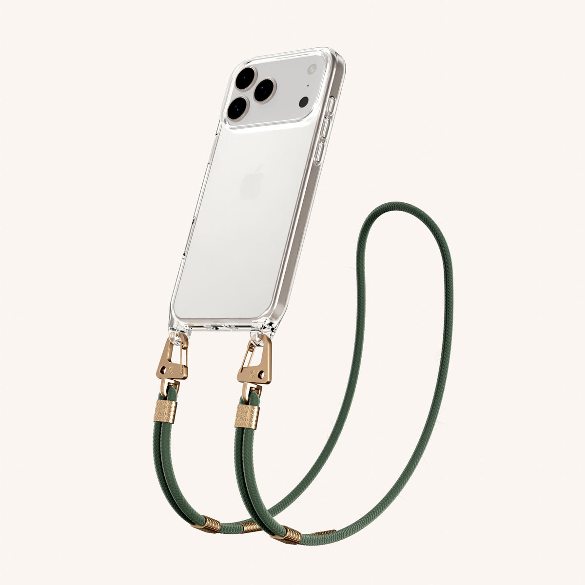 Phone Necklace with Carabiner Rope for iPhone 17 Pro without MagSafe in Clear and Sage Total View | XOUXOU #phone model_iphone 17 pro