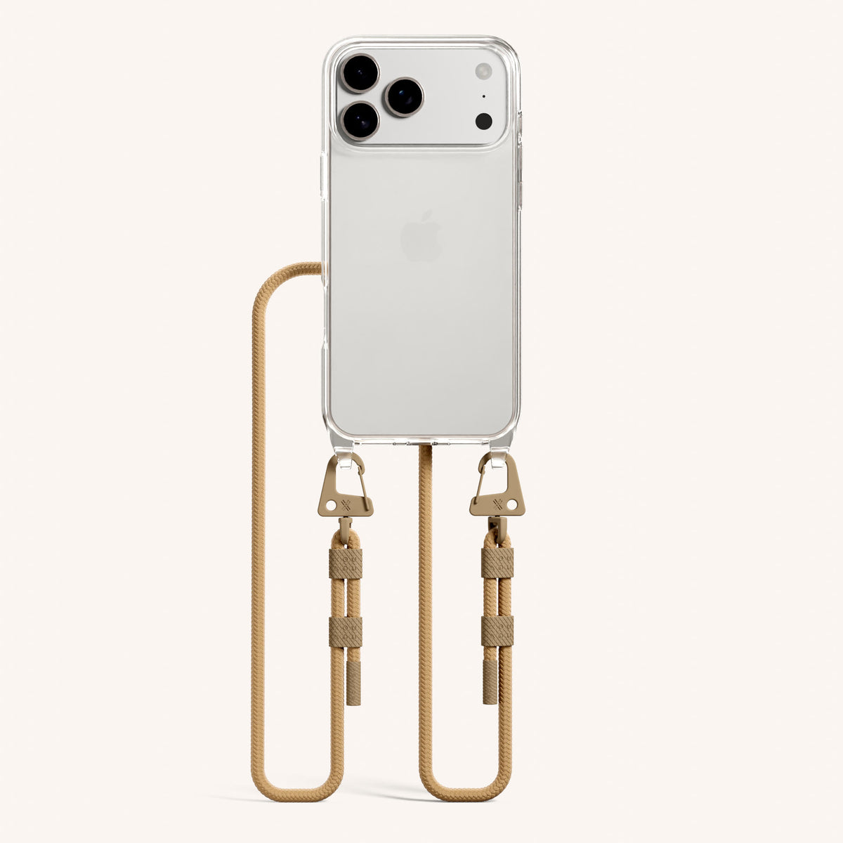 Phone Necklace with Carabiner Rope for iPhone 17 Pro without MagSafe in Clear and Sand Total View | XOUXOU #phone model_iphone 17 pro