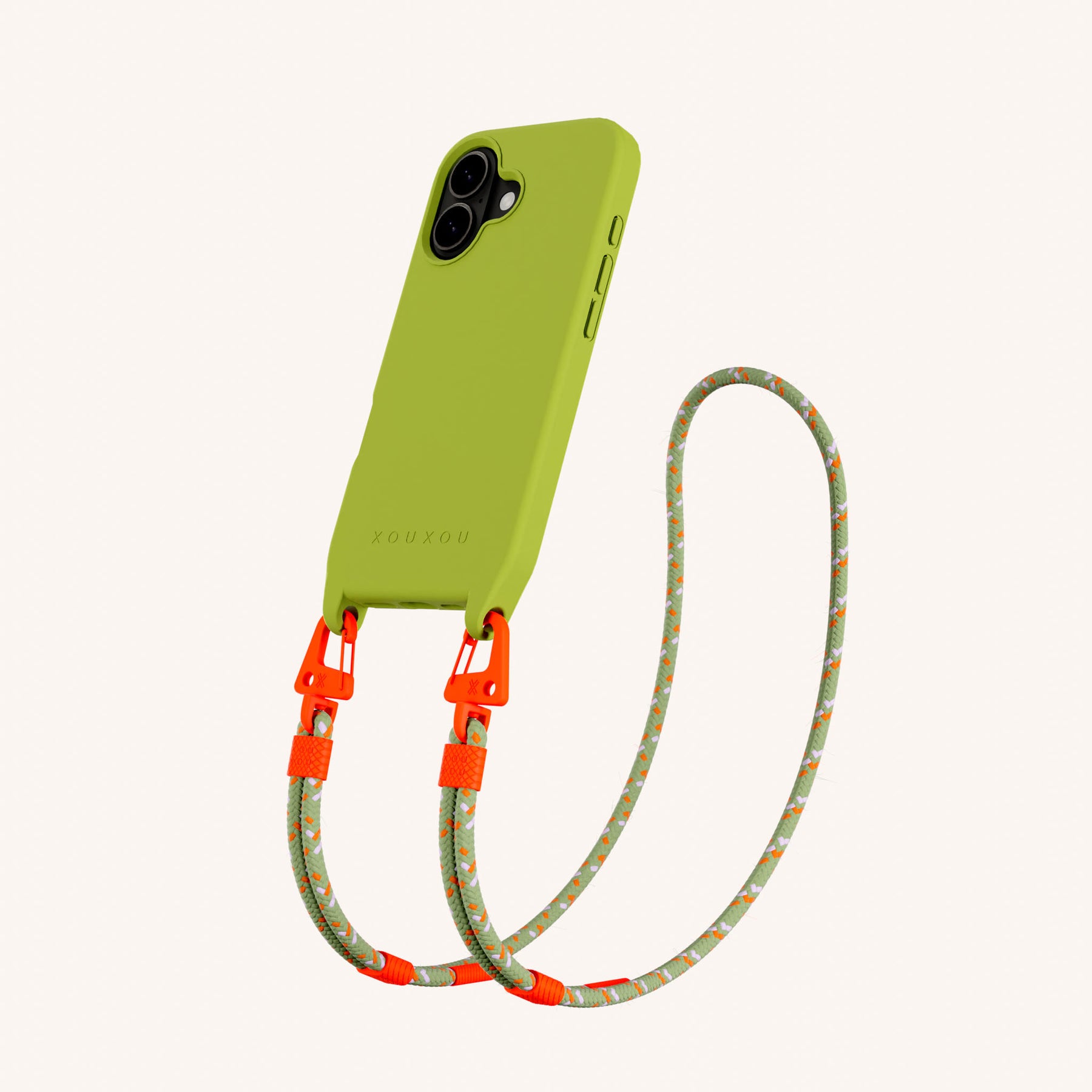 Phone Necklace with Carabiner Rope in Olive + Orange Camouflage