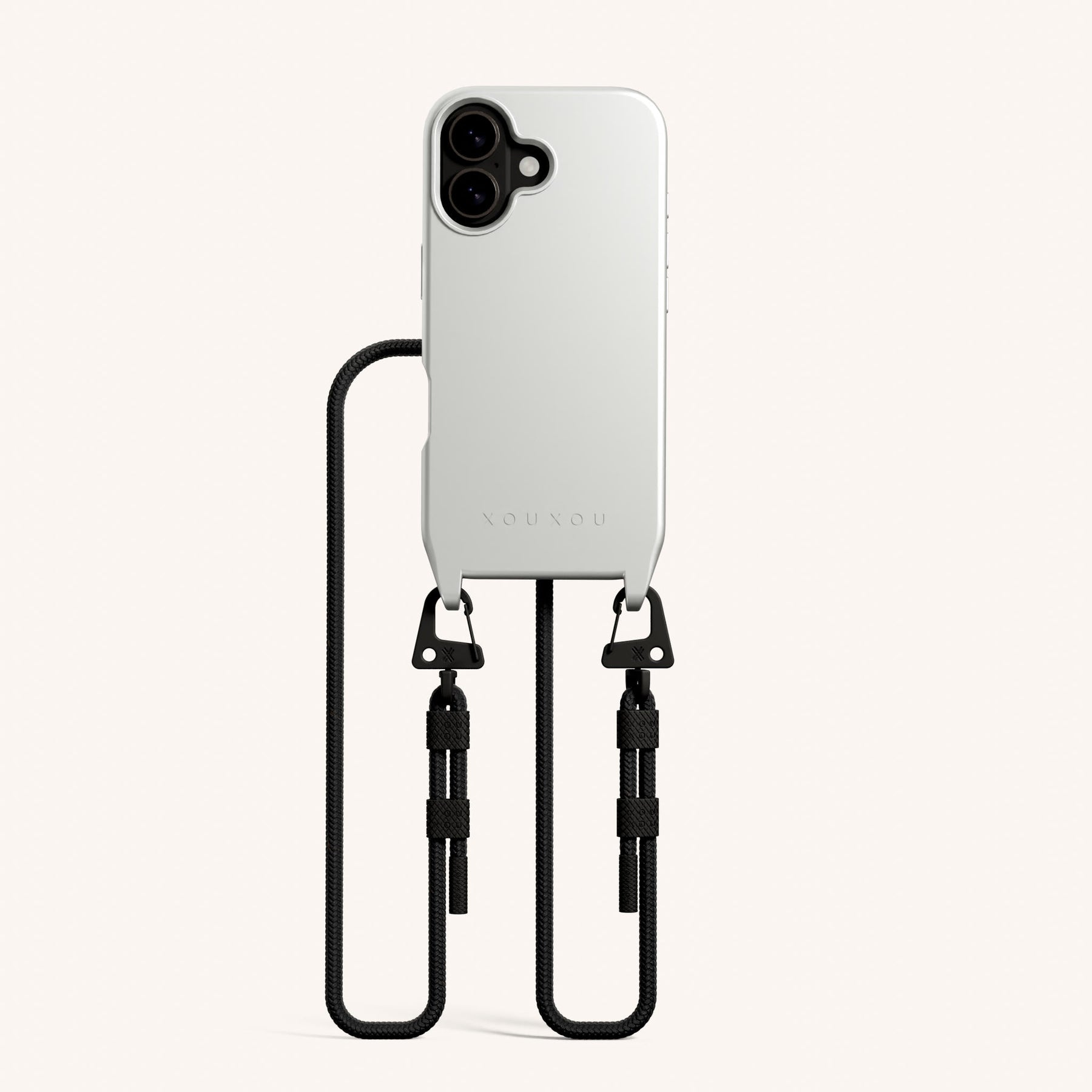 Phone Necklace with Carabiner Rope in Y2K Silver + Black