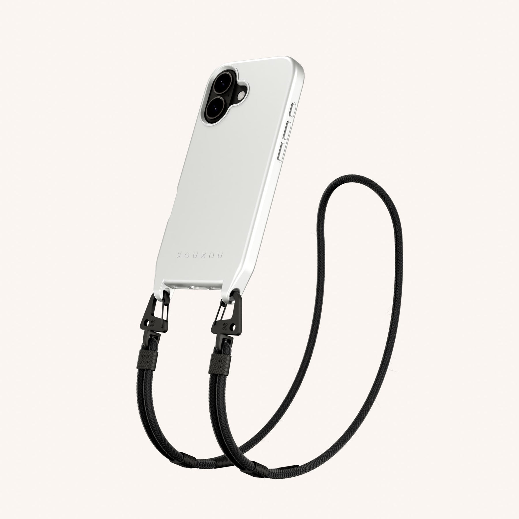 Phone Necklace with Carabiner Rope in Y2K Silver + Black