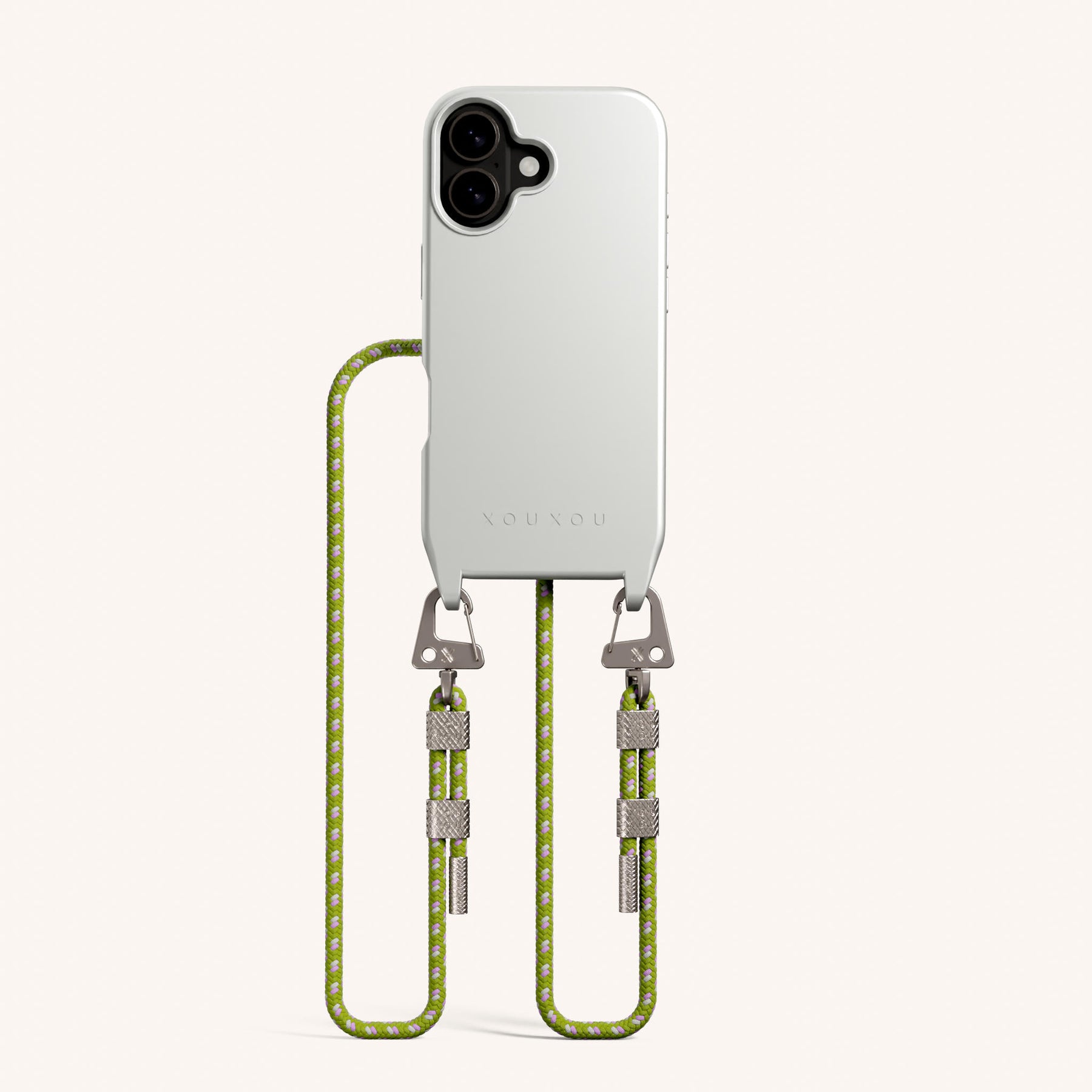 Phone Necklace with Carabiner Rope in Y2K Silver + Spotted Olive