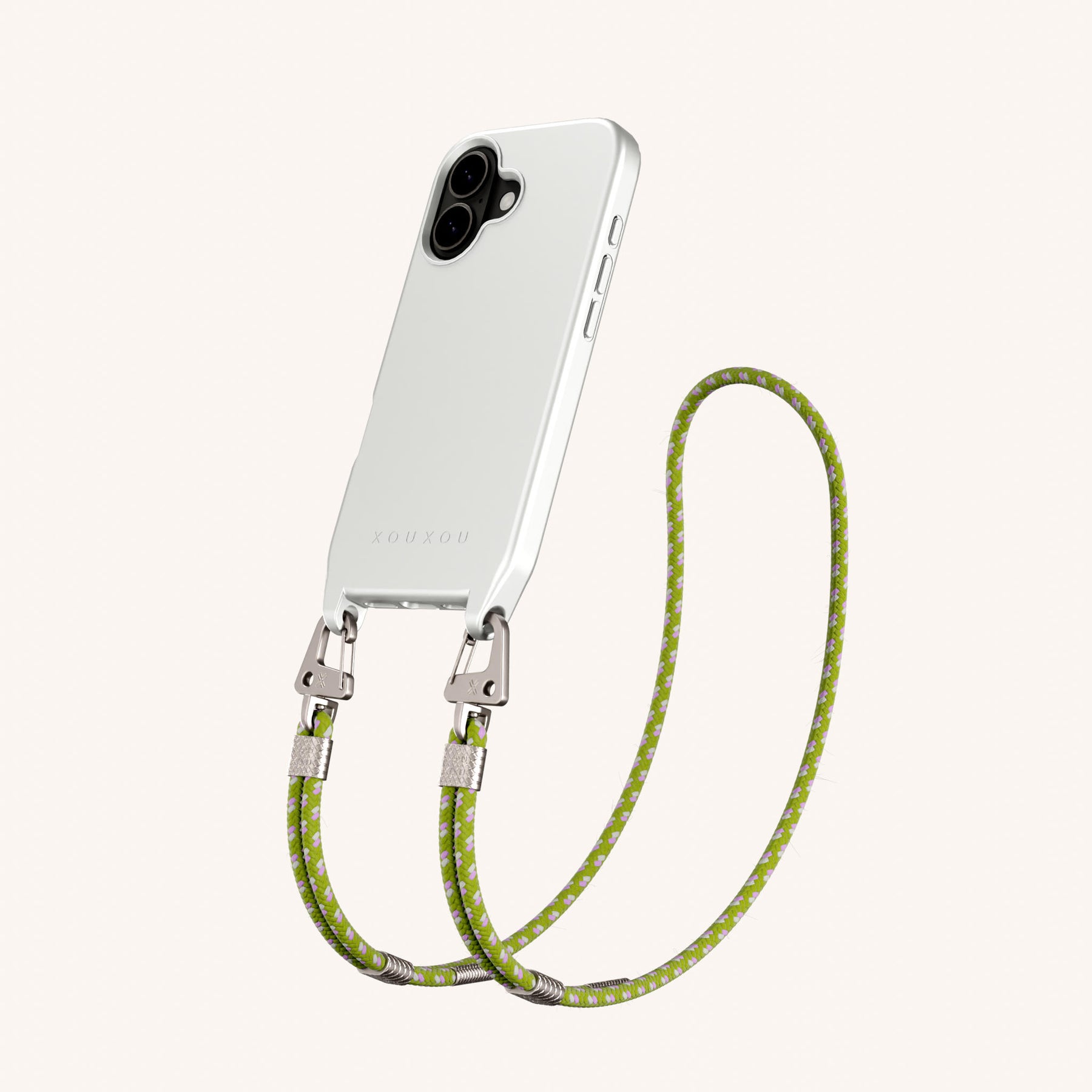 Phone Necklace with Carabiner Rope in Y2K Silver + Spotted Olive