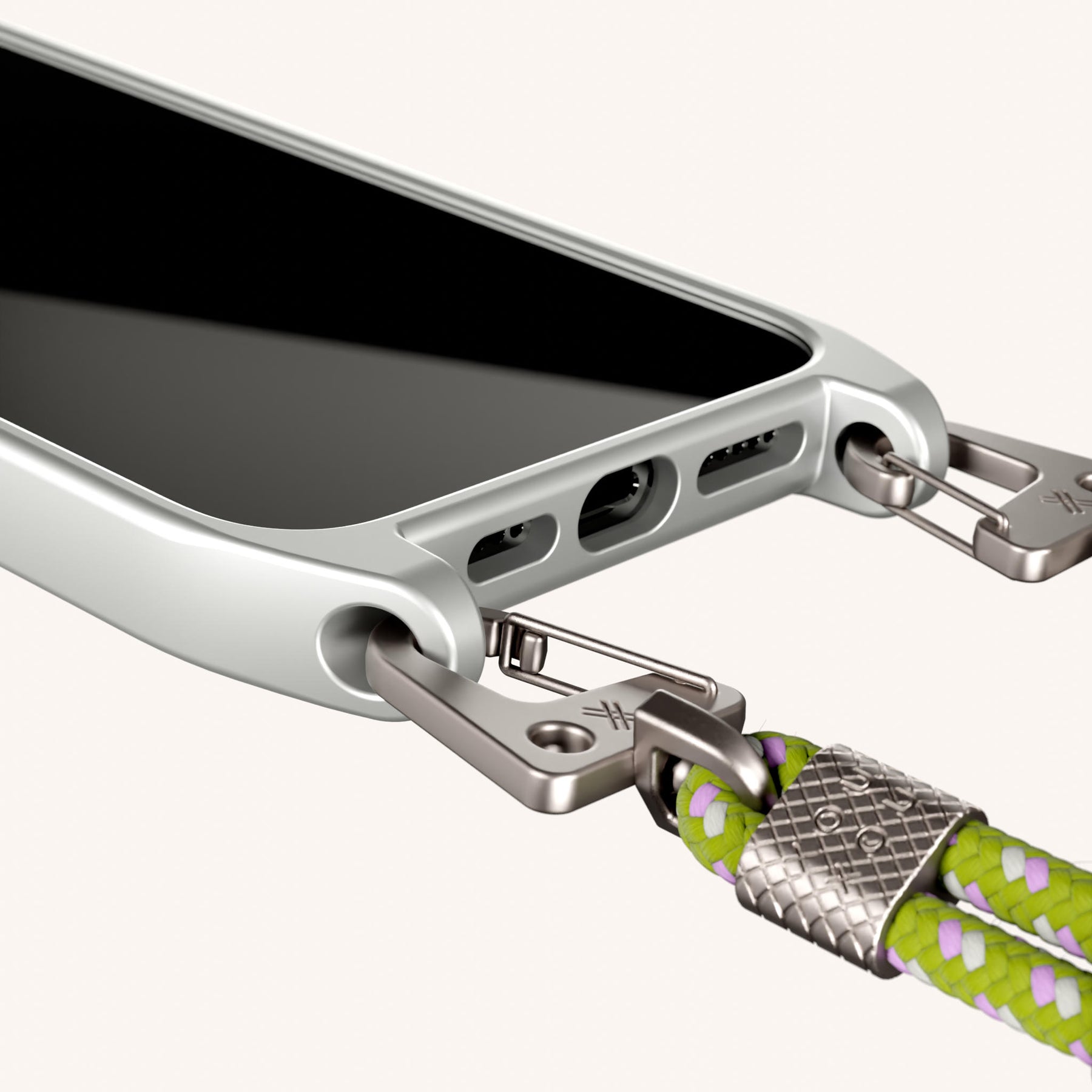 Phone Necklace with Carabiner Rope in Y2K Silver + Spotted Olive
