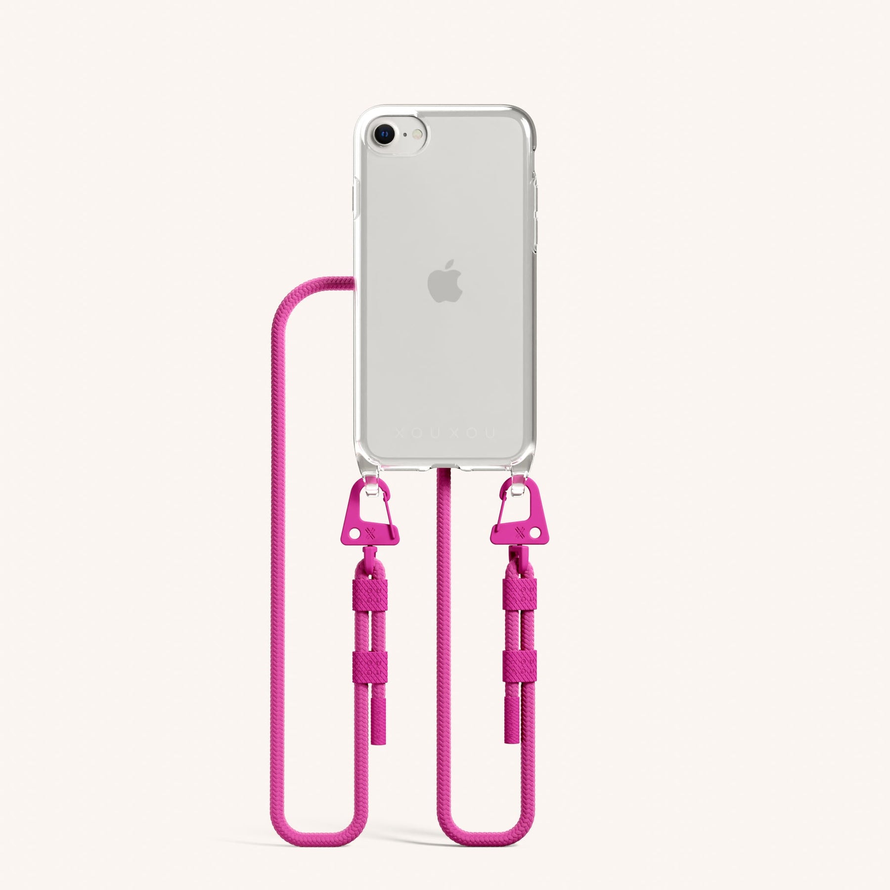 Phone Necklace with Carabiner Rope in Clear + Power Pink