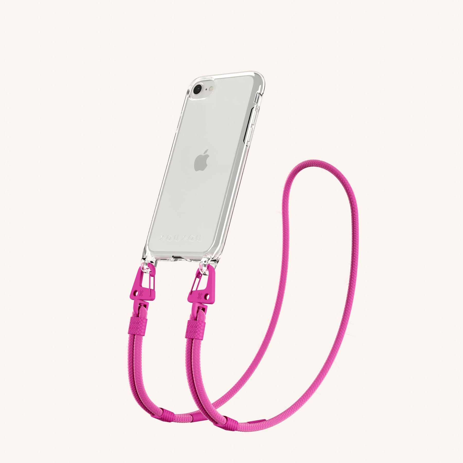 Phone Necklace with Carabiner Rope in Clear + Power Pink