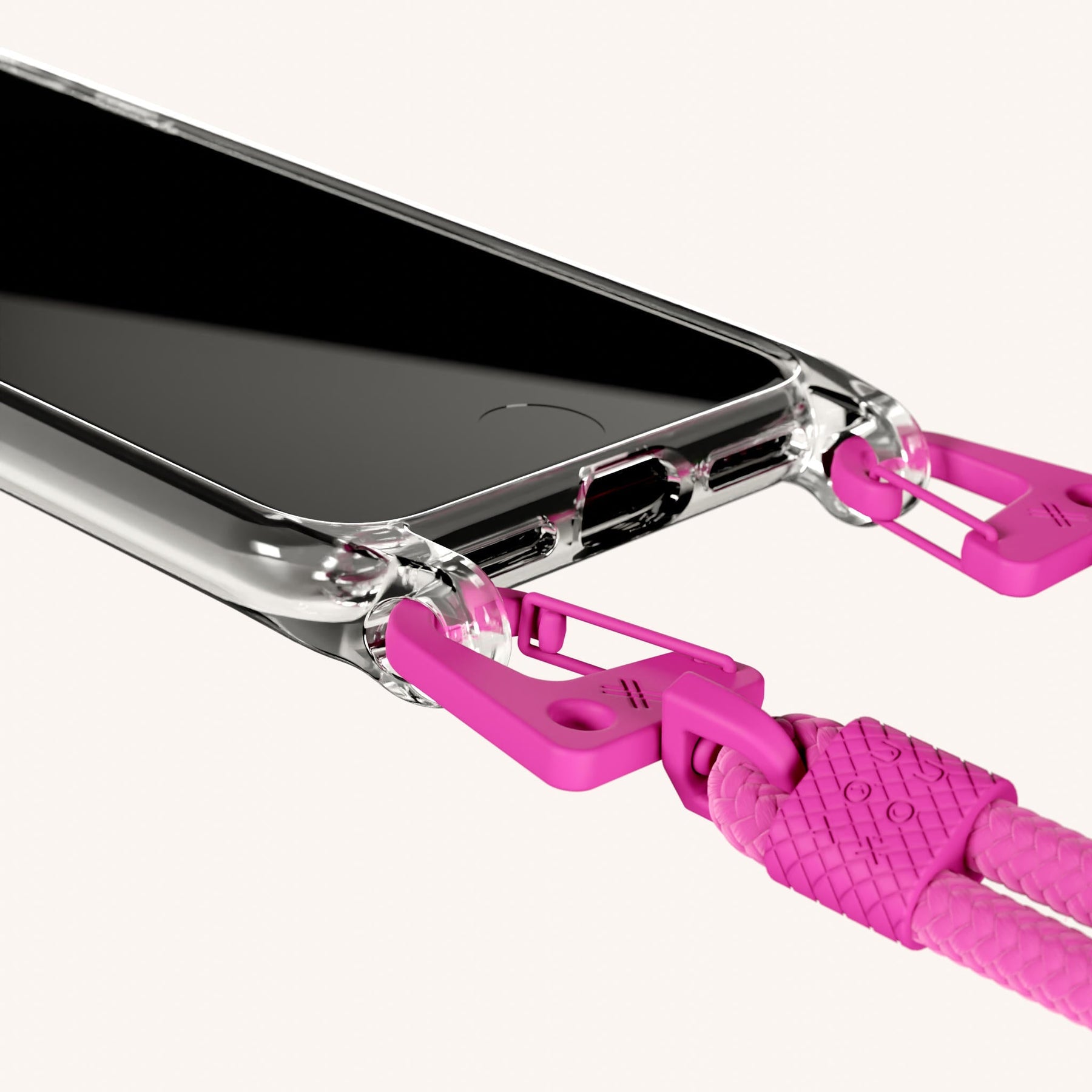 Phone Necklace with Carabiner Rope in Clear + Power Pink
