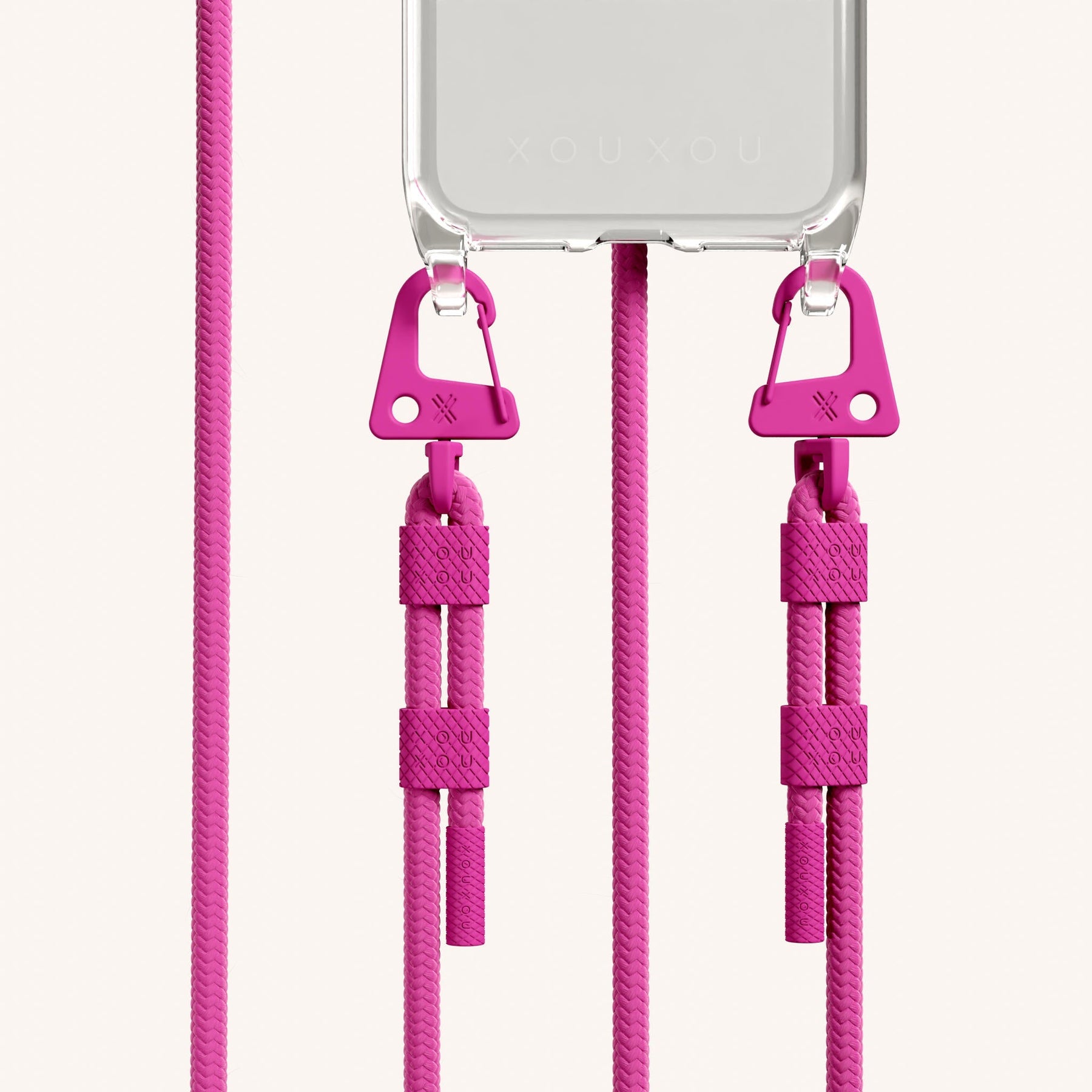 Phone Necklace with Carabiner Rope in Clear + Power Pink