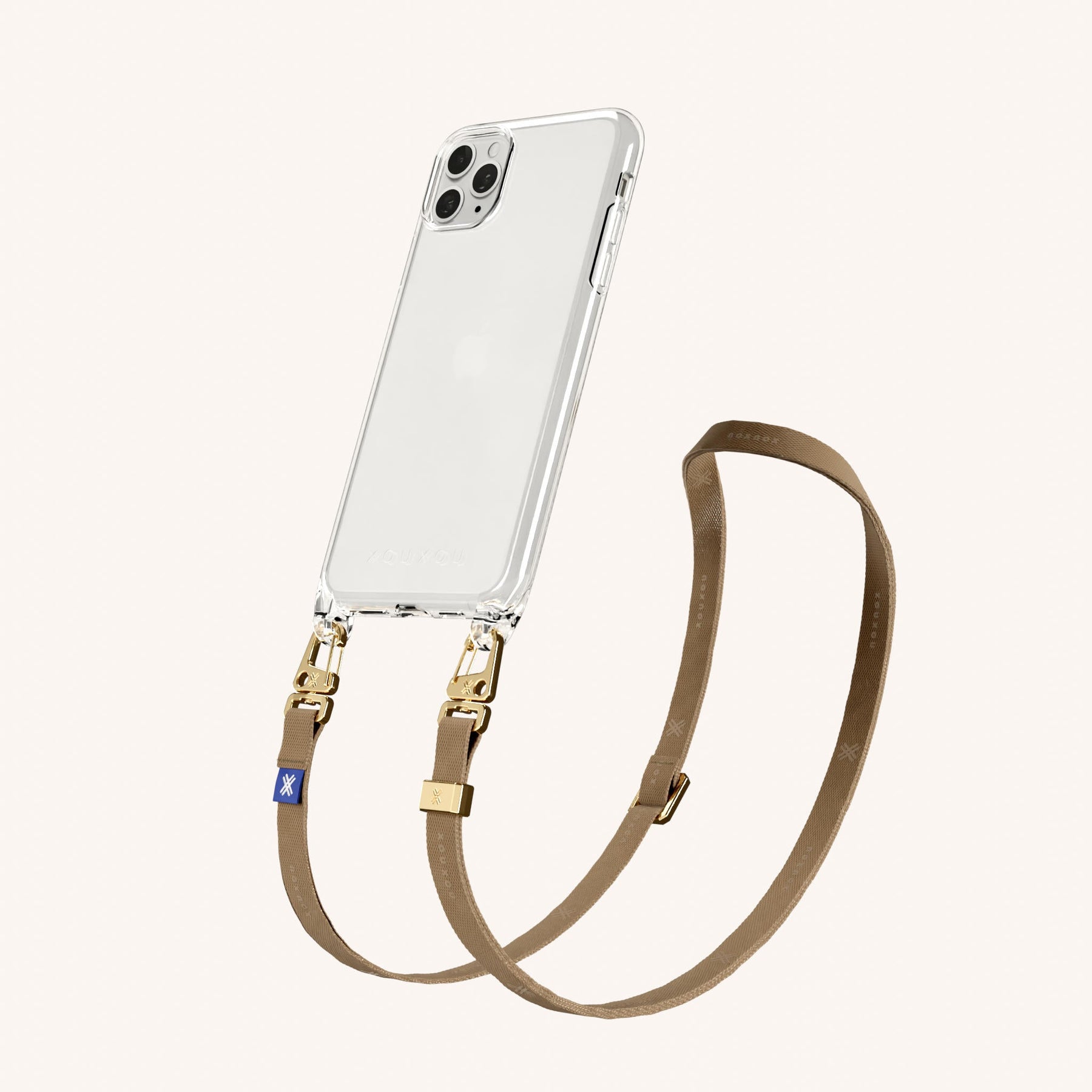 Phone Necklace with Slim Lanyard in Clear + Taupe