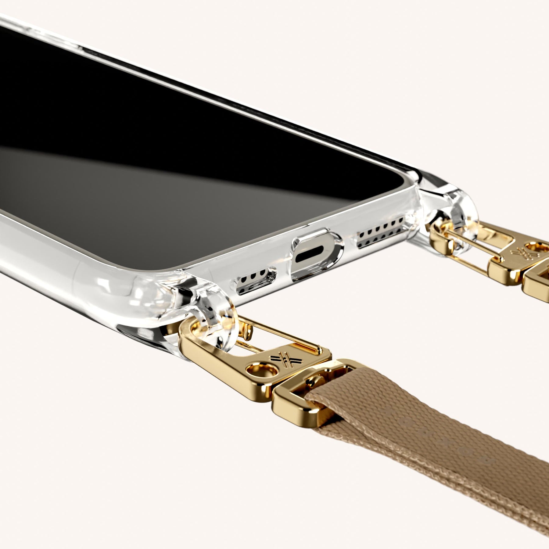 Phone Necklace with Slim Lanyard in Clear + Taupe