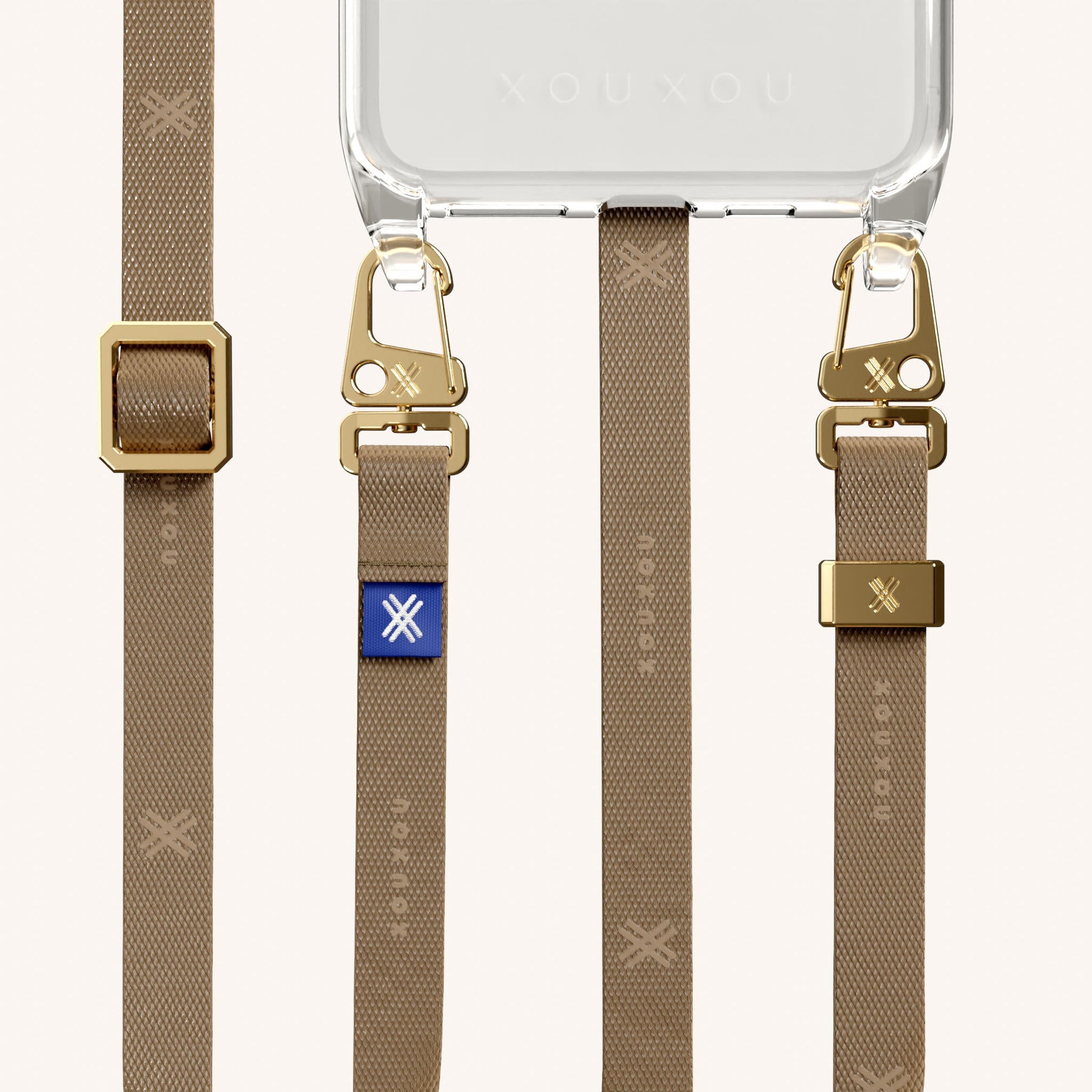 Phone Necklace with Slim Lanyard in Clear + Taupe