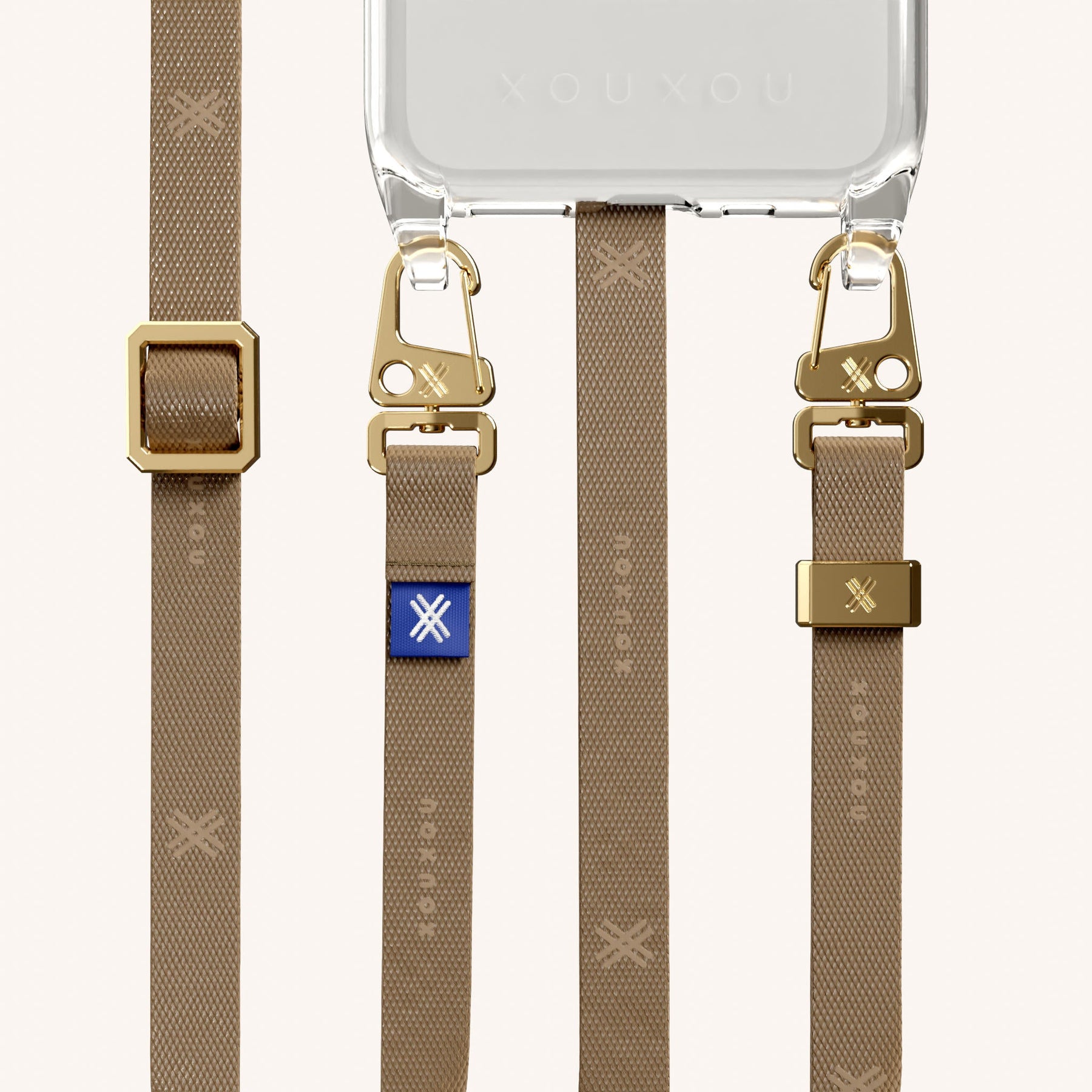 Phone Necklace with Slim Lanyard in Clear + Taupe