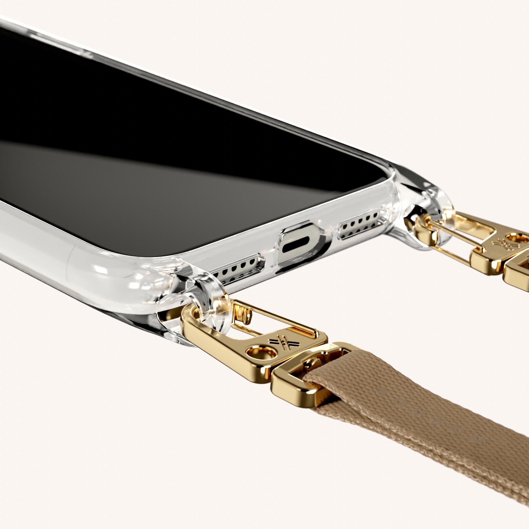 Phone Necklace with Slim Lanyard in Clear + Taupe