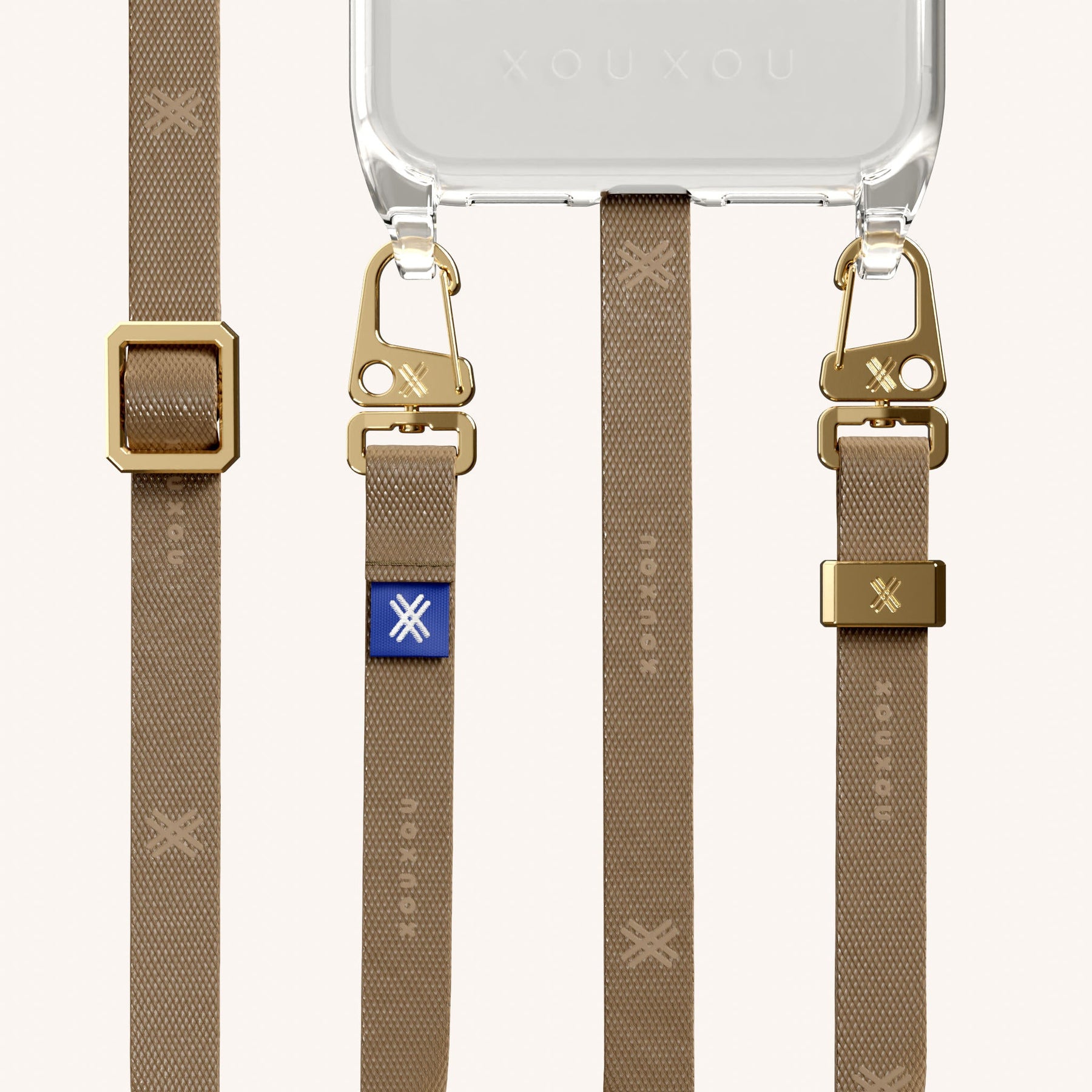 Phone Necklace with Slim Lanyard in Clear + Taupe