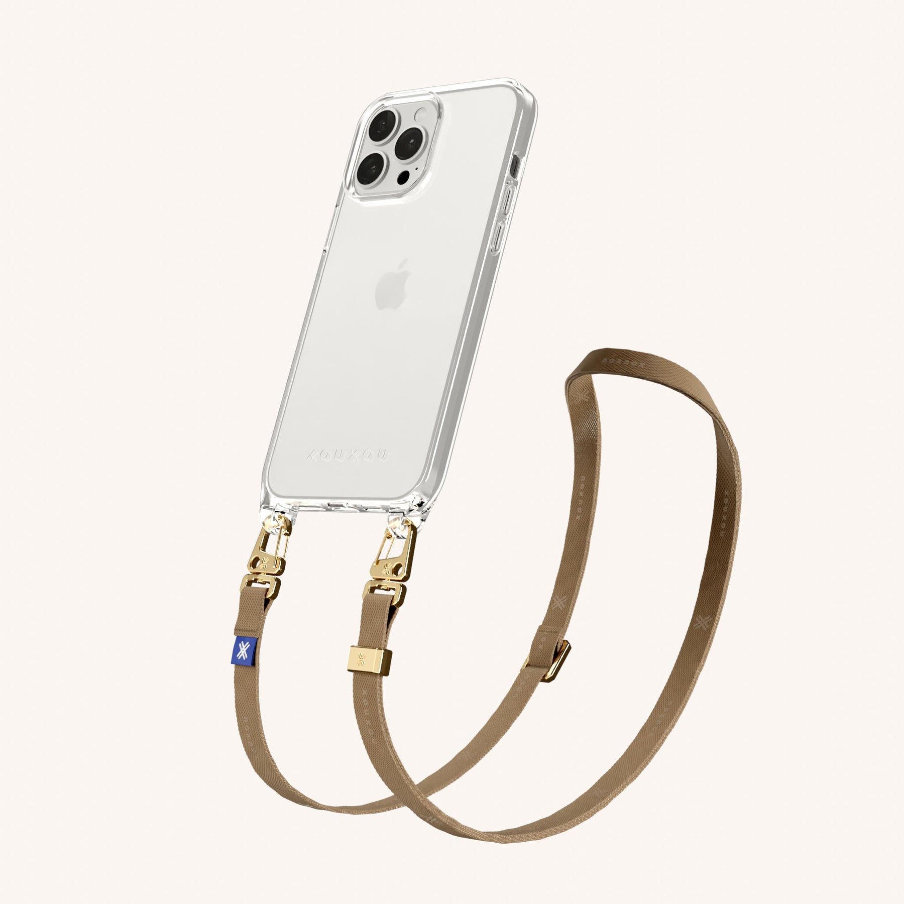 Phone Necklace with Slim Lanyard in Clear + Taupe