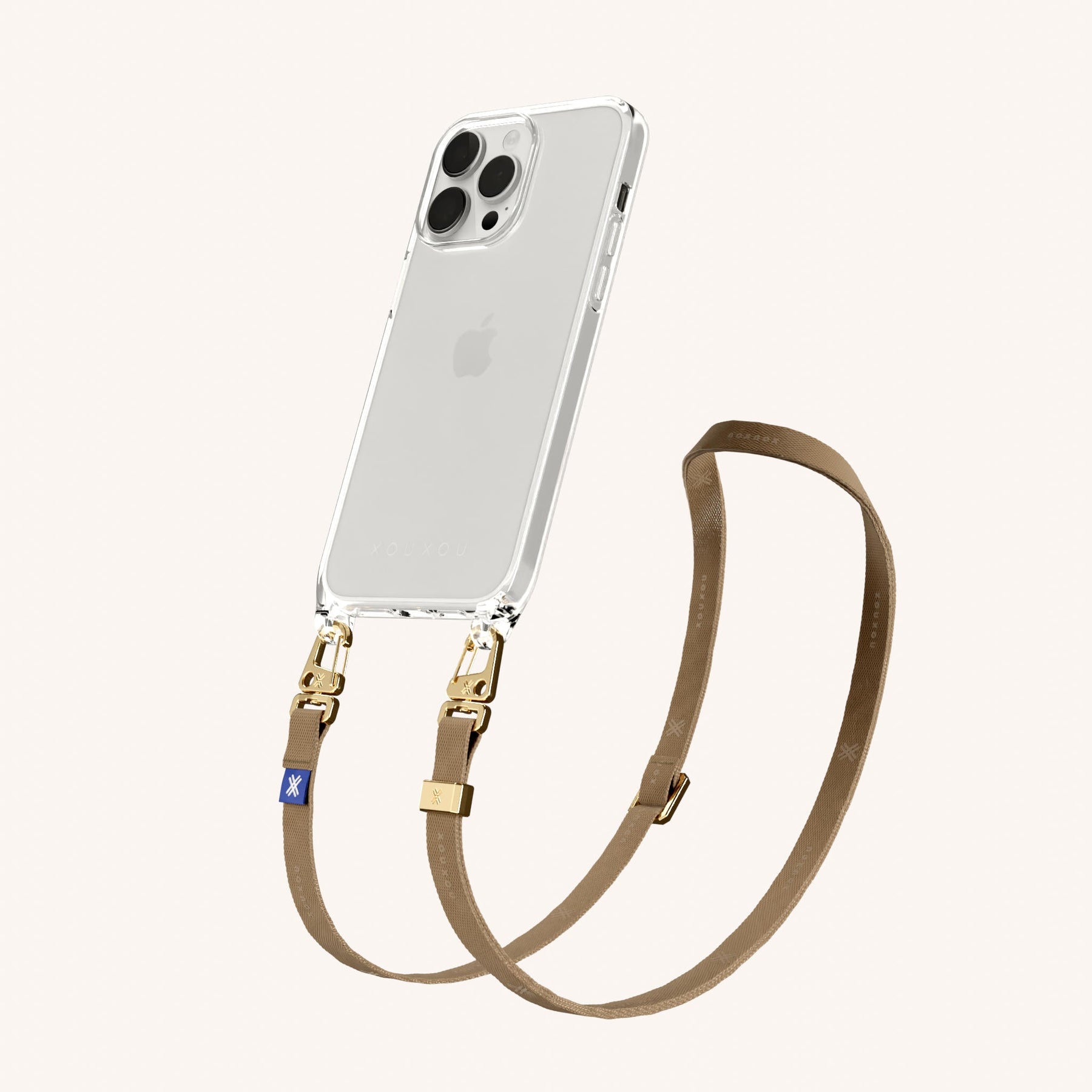 Phone Necklace with Slim Lanyard in Clear + Taupe