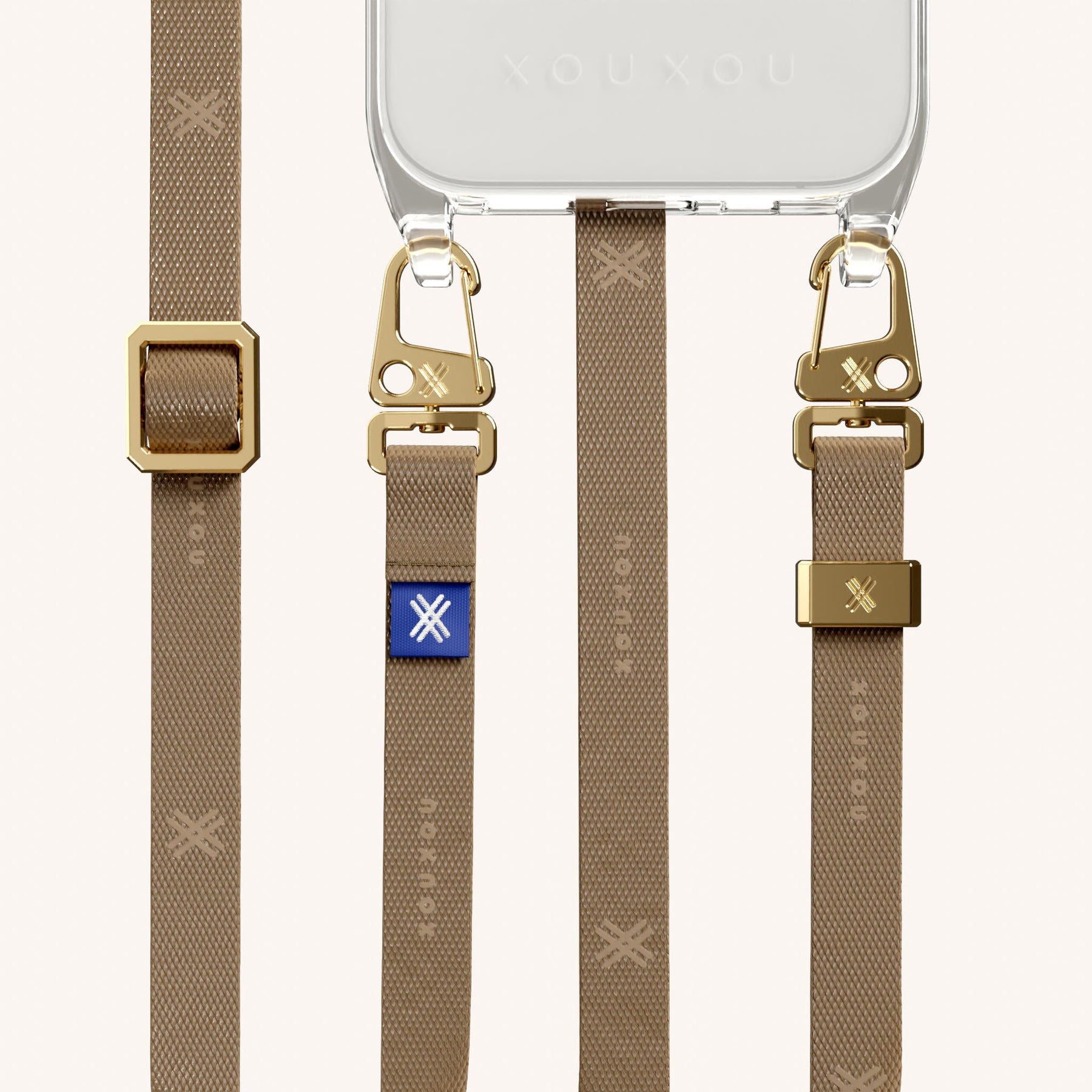 Phone Necklace with Slim Lanyard in Clear + Taupe