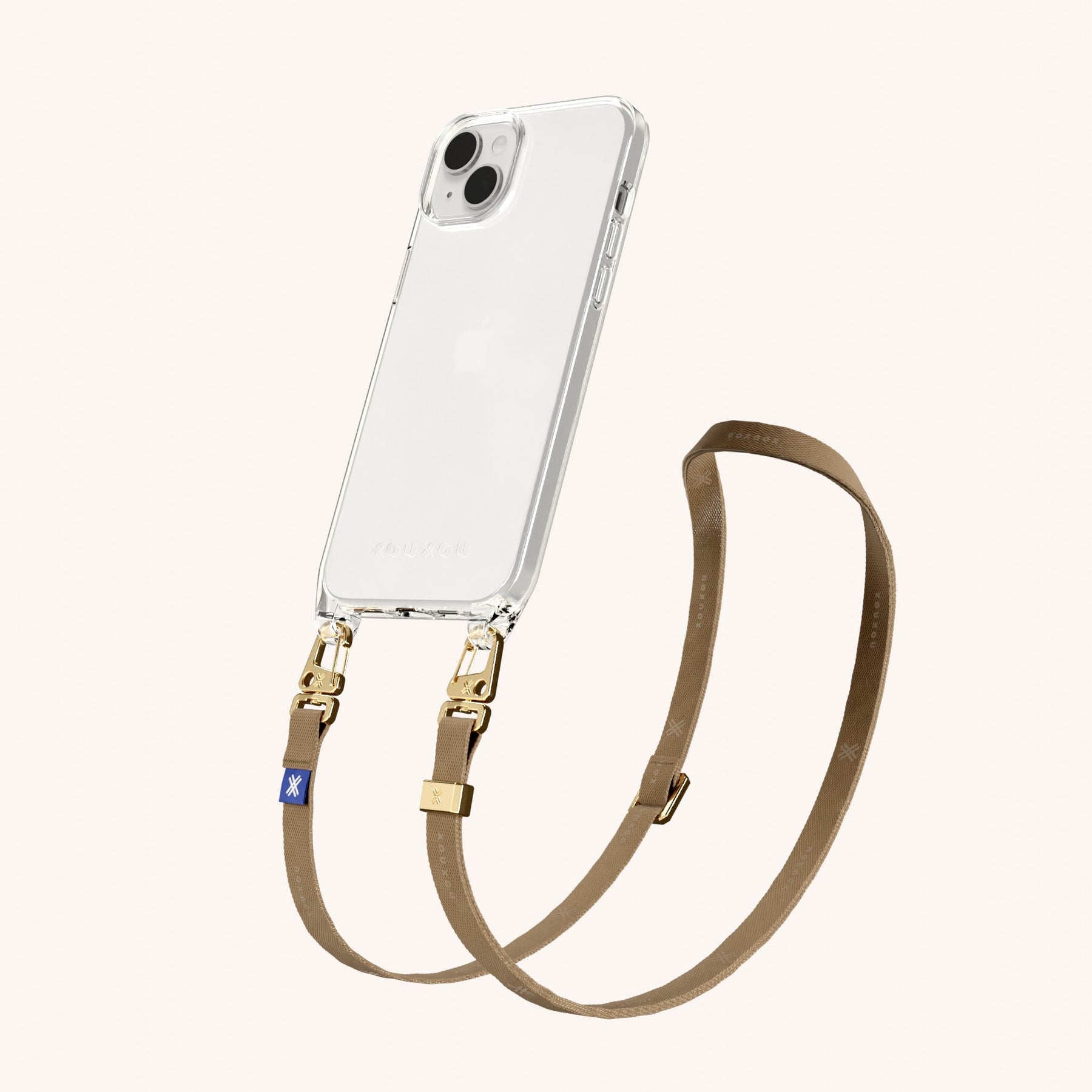 Phone Necklace with Slim Lanyard in Clear + Taupe