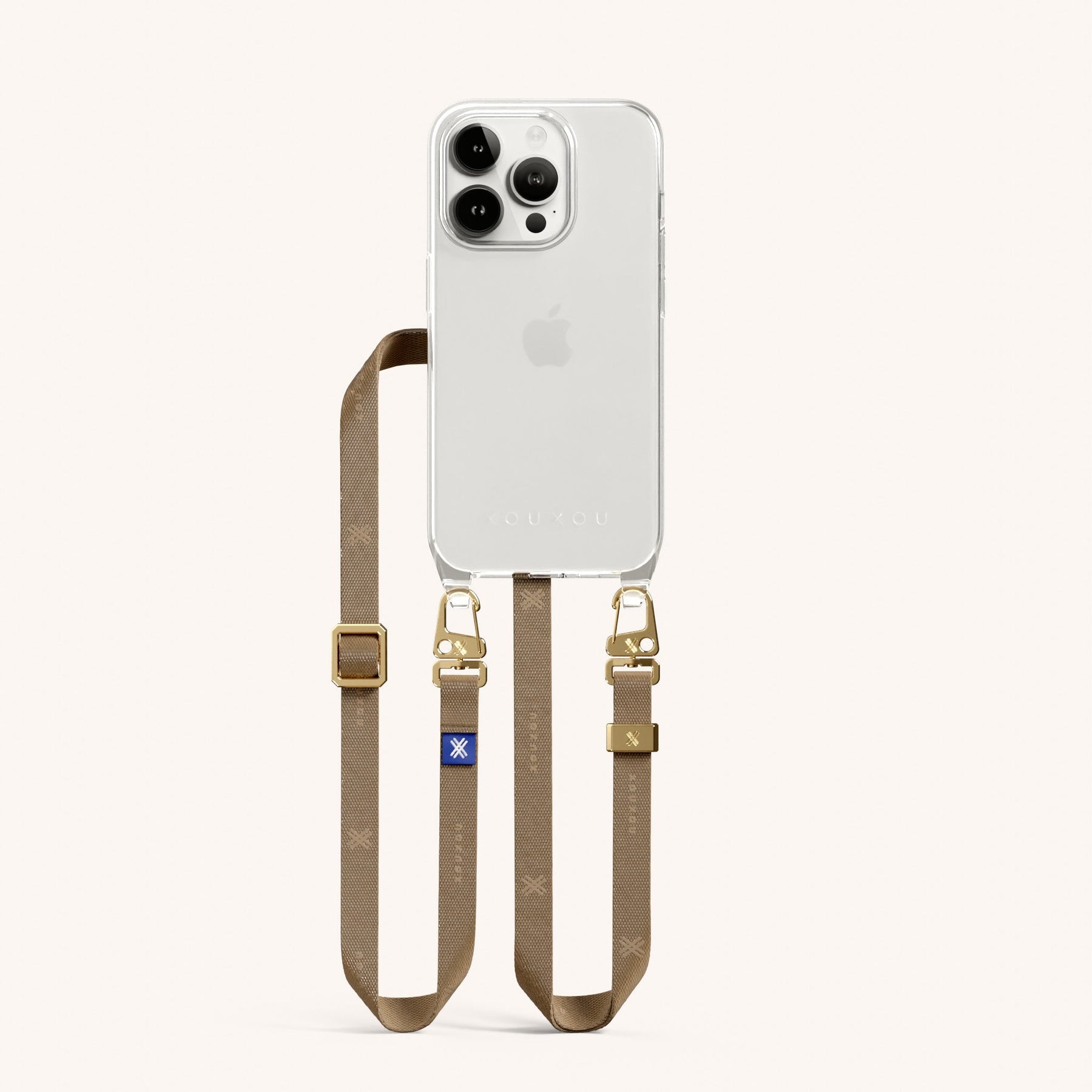 Phone Necklace with Slim Lanyard in Clear + Taupe