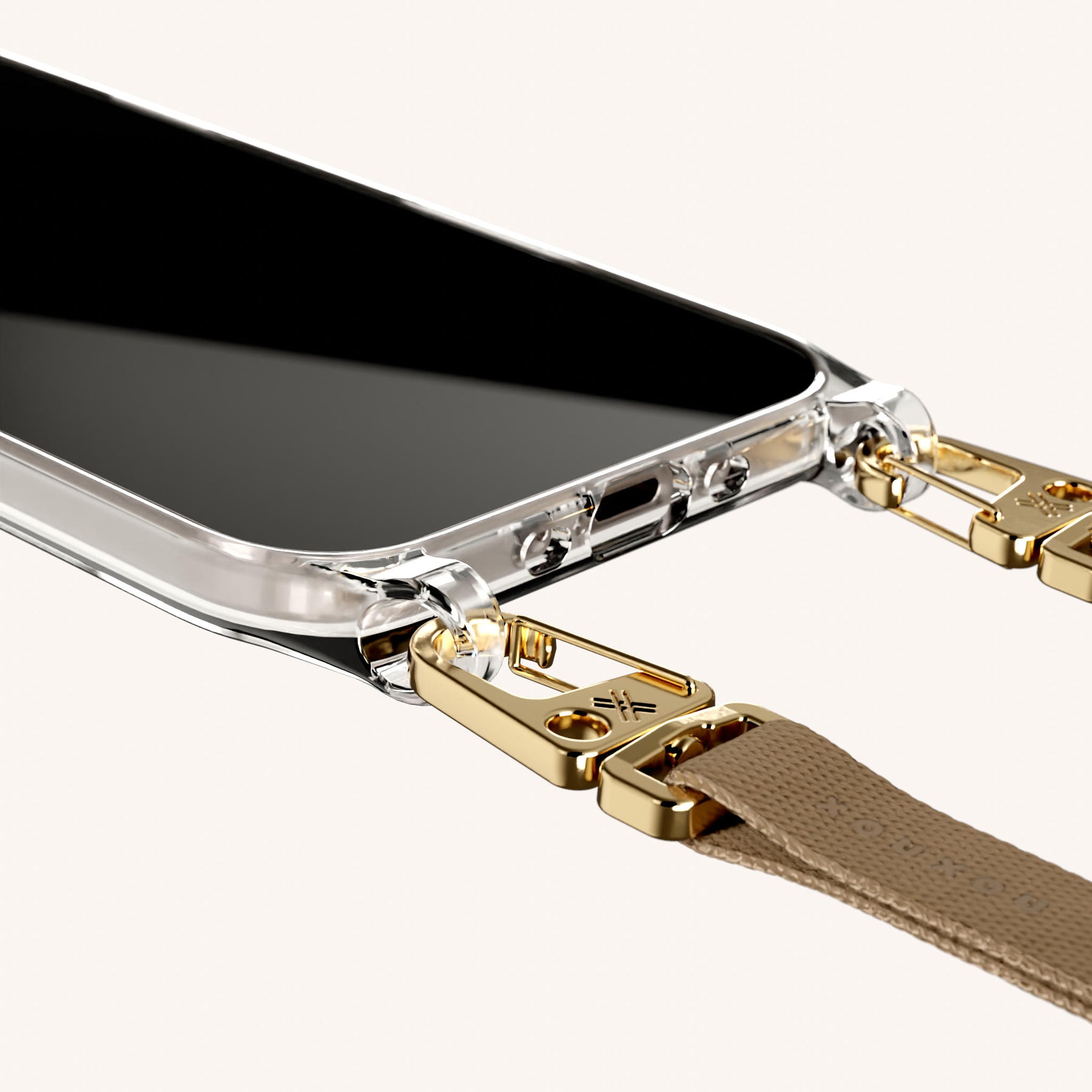 Phone Necklace with Slim Lanyard in Clear + Taupe