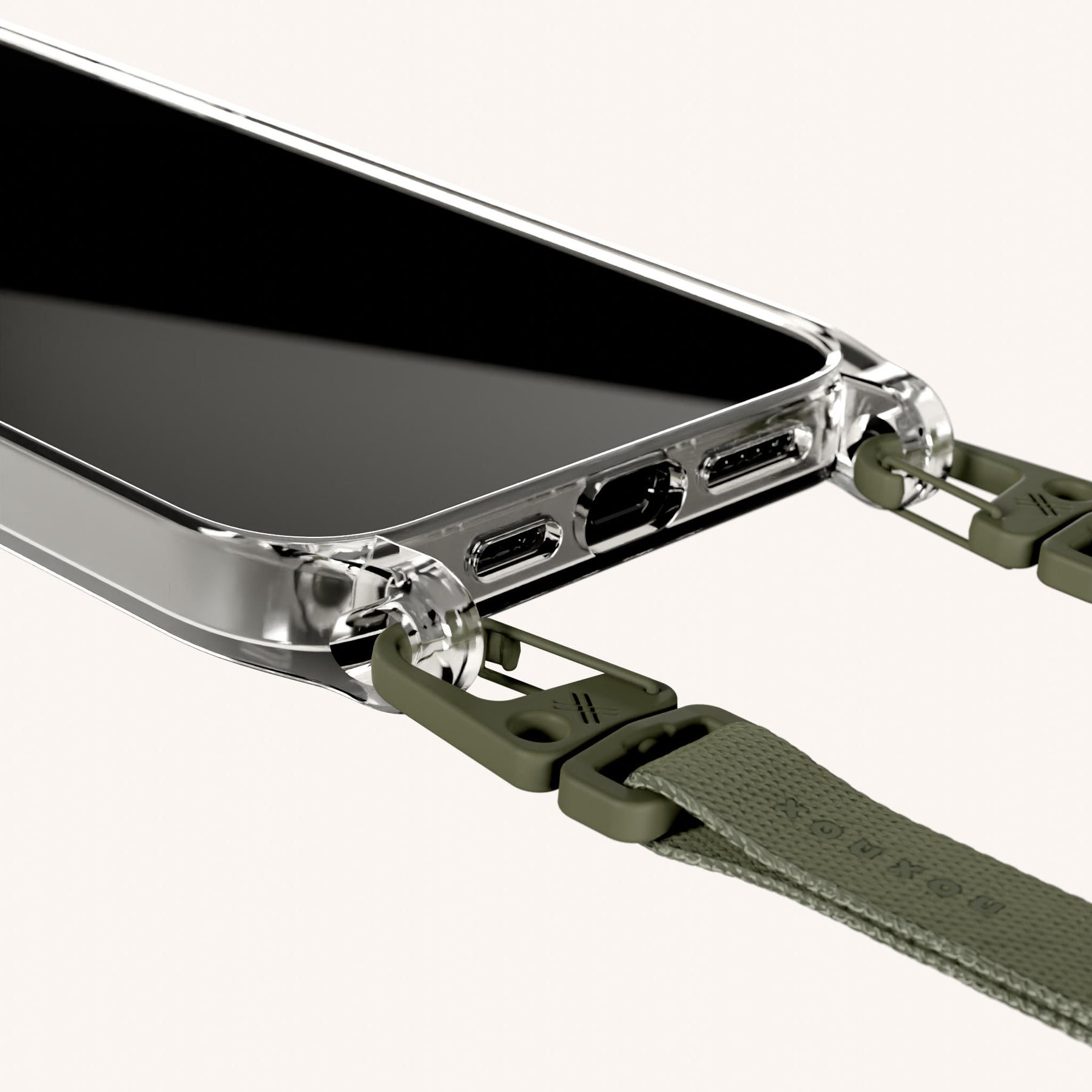 Phone Necklace with Slim Lanyard in Clear + Moss