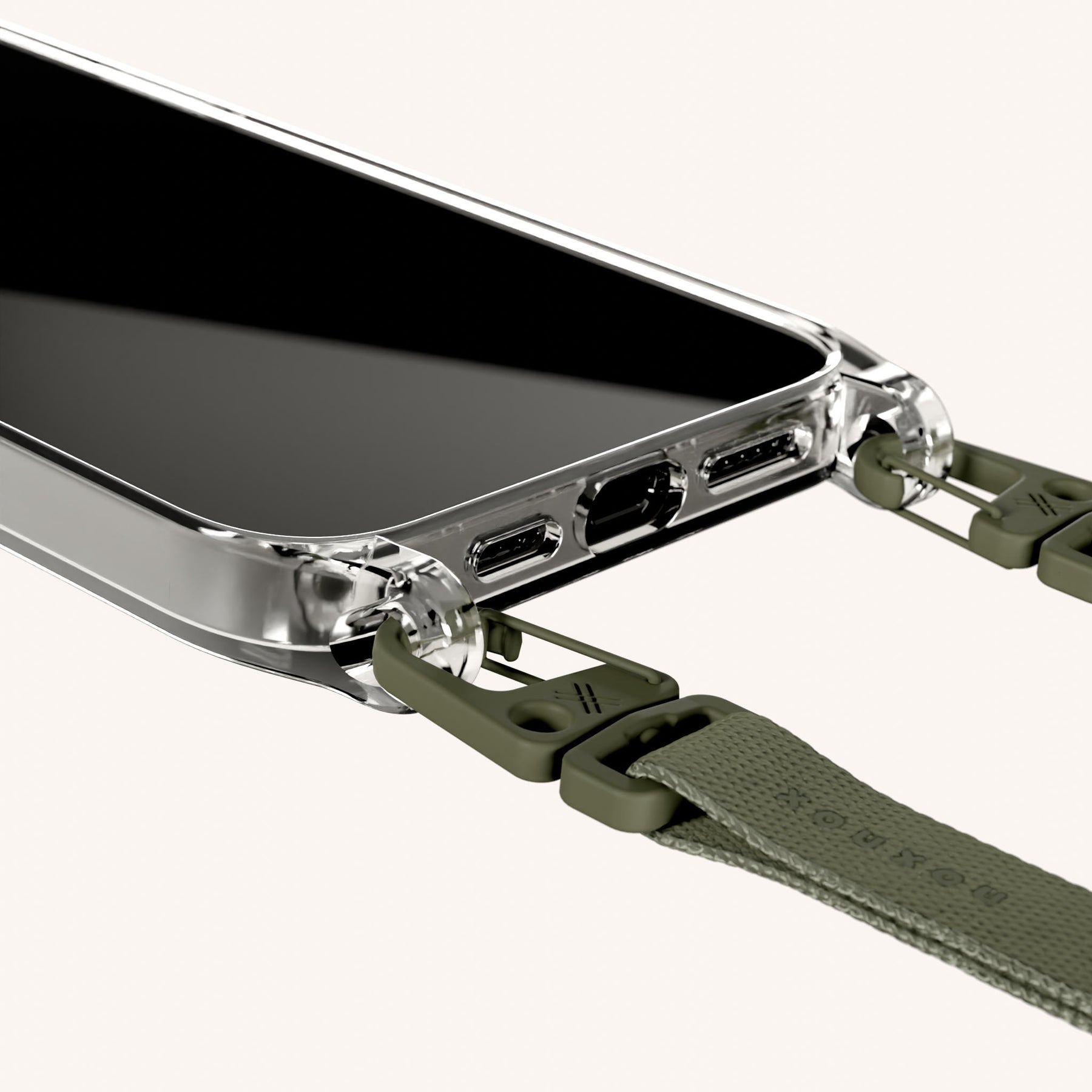 Phone Necklace with Slim Lanyard in Clear + Moss