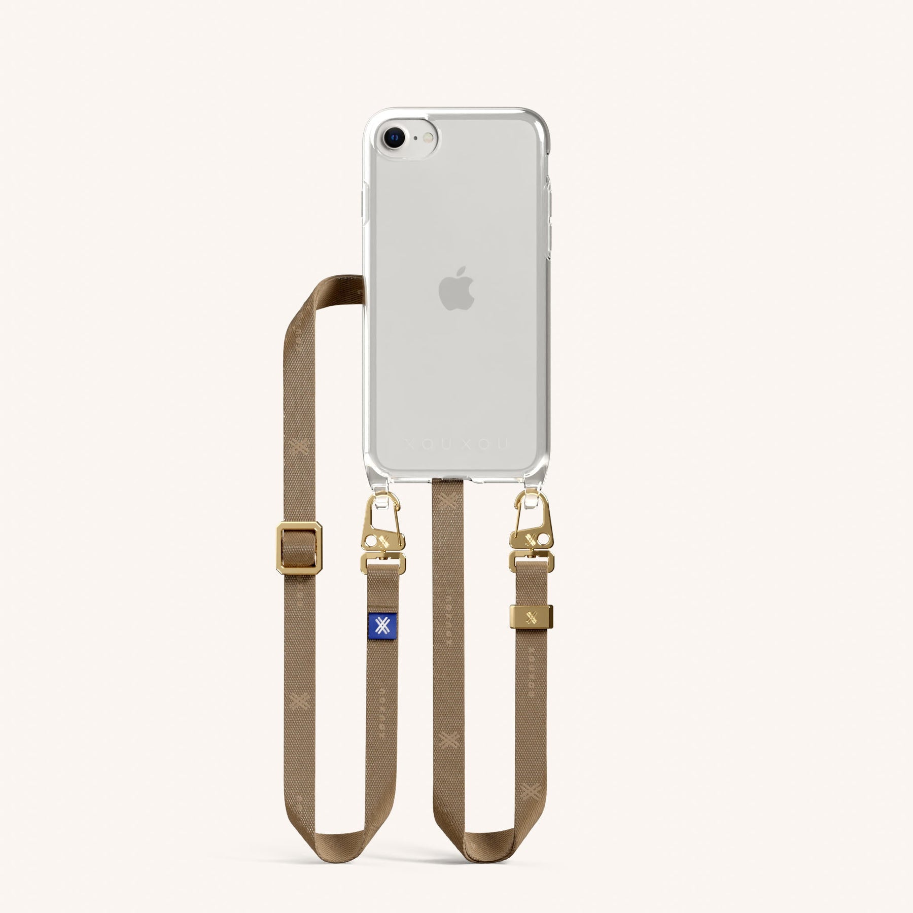 Phone Necklace with Slim Lanyard in Clear + Taupe