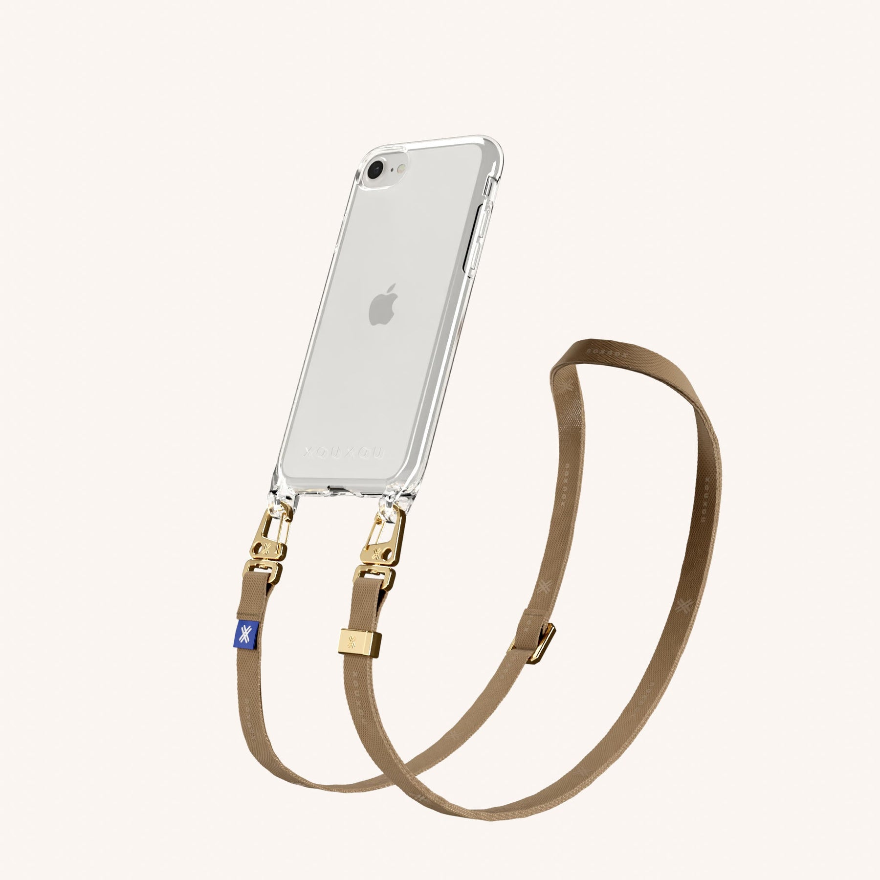 Phone Necklace with Slim Lanyard in Clear + Taupe