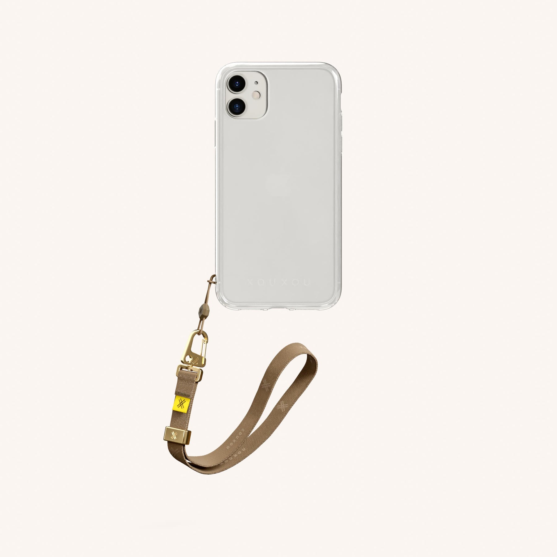 Phone Case with Wrist Strap in Clear + Taupe