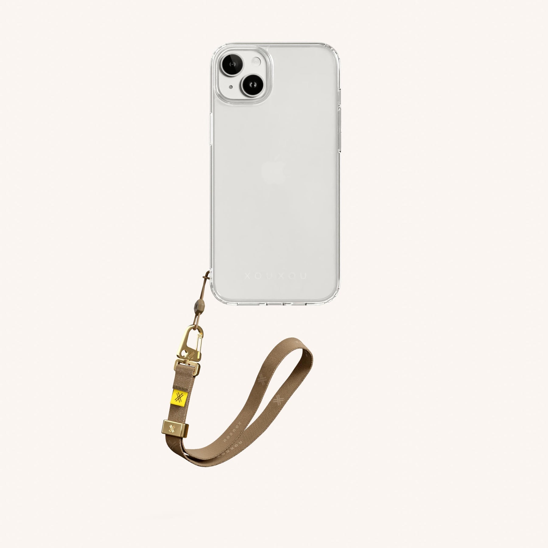 Phone Case with Wrist Strap in Clear + Taupe