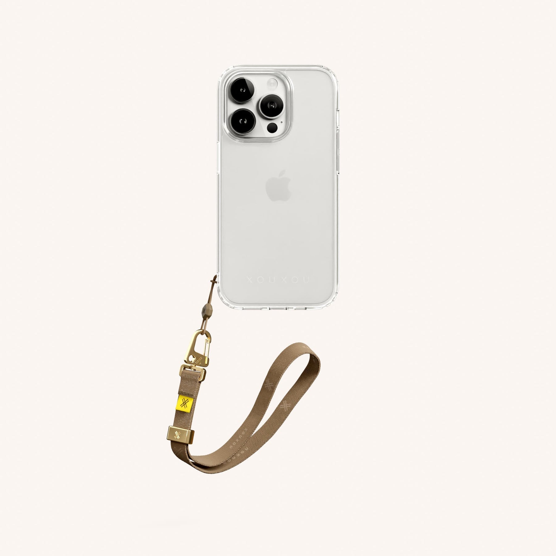 Phone Case with Wrist Strap in Clear + Taupe