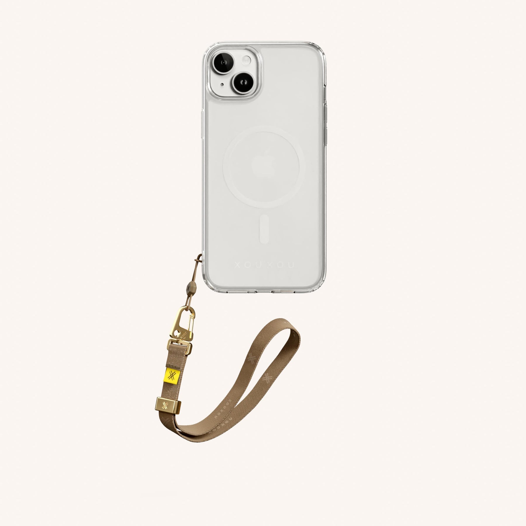 Phone Case with Wrist Strap in Clear + Taupe