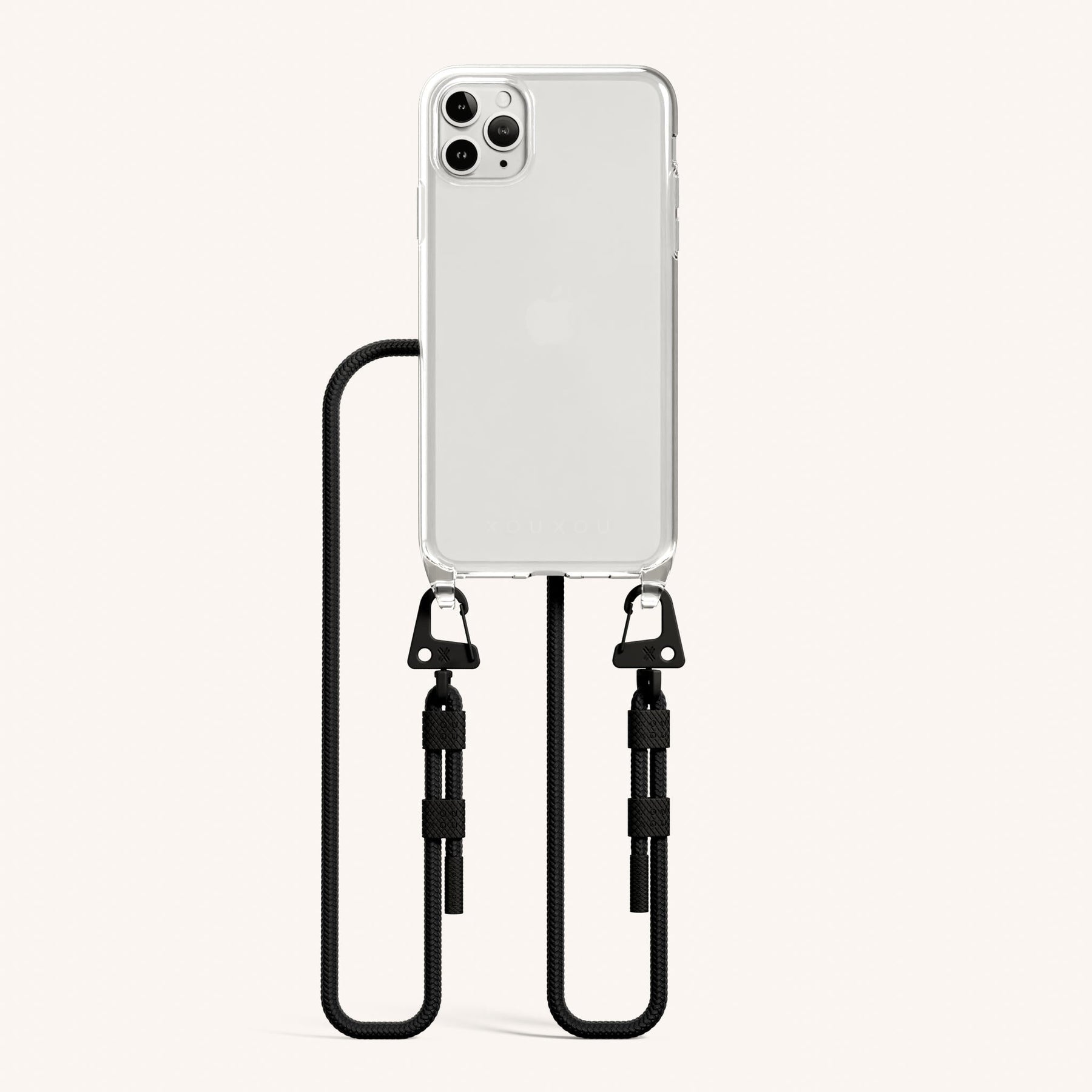 Phone Necklace with Carabiner Rope in Clear + Black