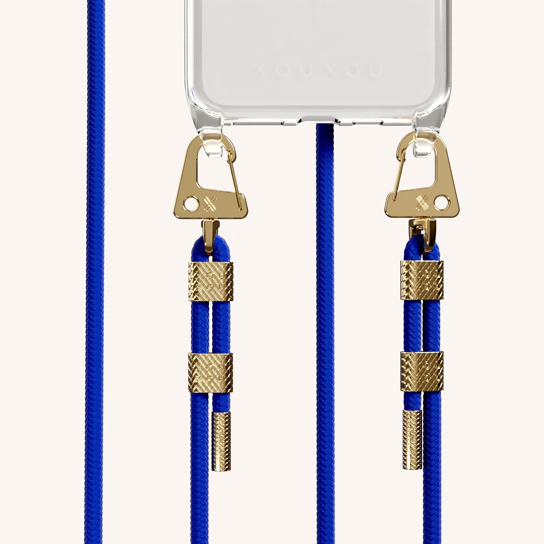 Phone Necklace with Carabiner Rope in Clear + Blue