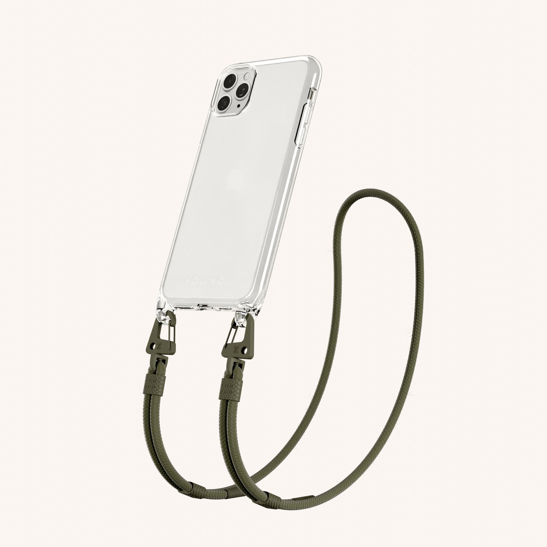 Phone Necklace with Carabiner Rope in Clear + Moss