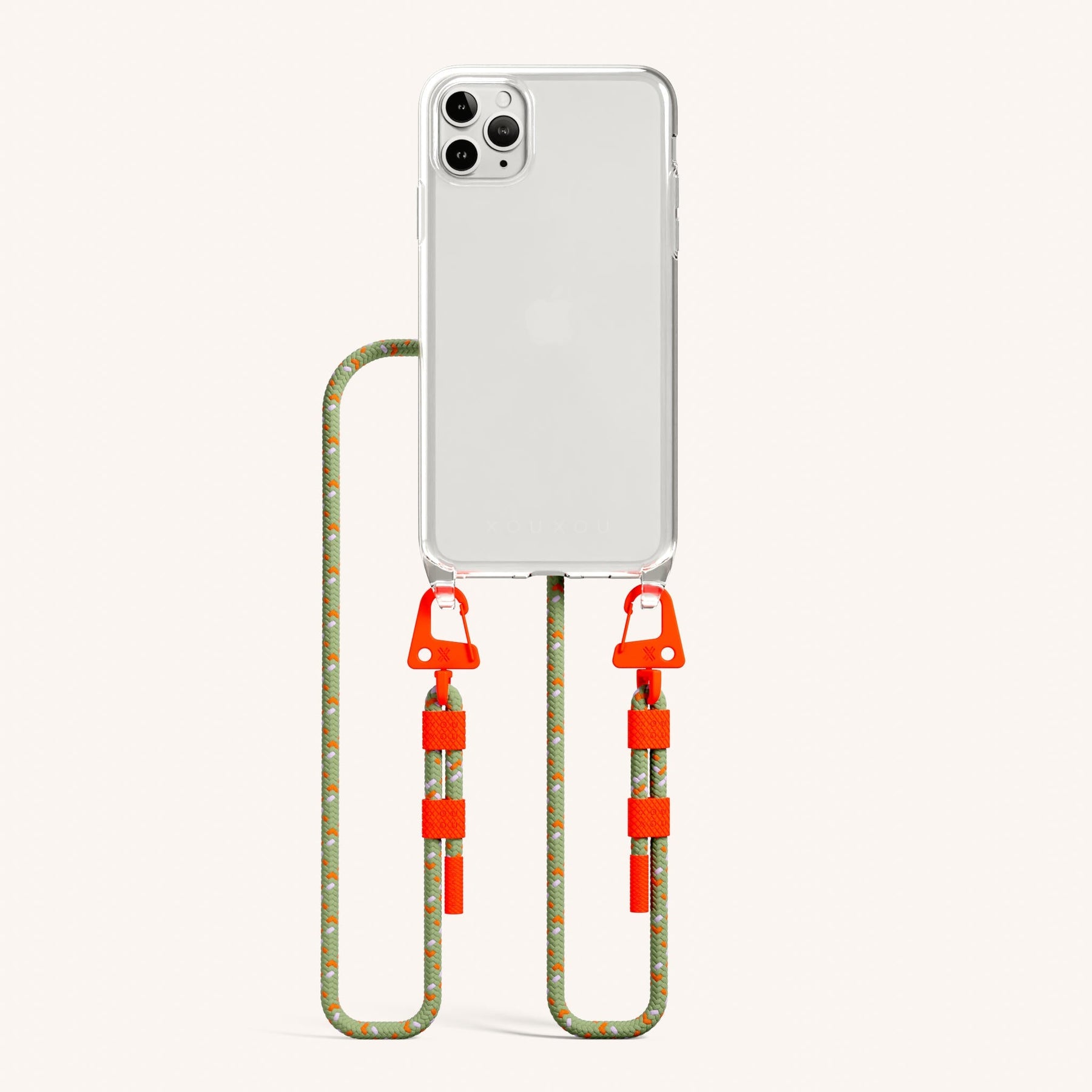 Phone Necklace with Carabiner Rope in Clear + Orange Camouflage