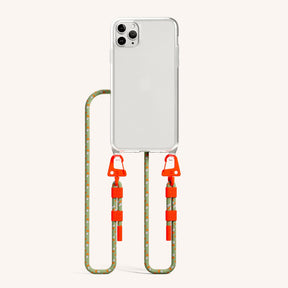 Phone Necklace with Carabiner Rope in Clear + Orange Camouflage