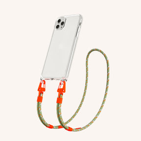 Phone Necklace with Carabiner Rope in Clear + Orange Camouflage