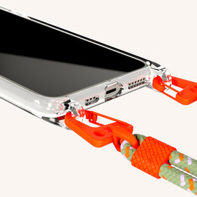 Phone Necklace with Carabiner Rope in Clear + Orange Camouflage