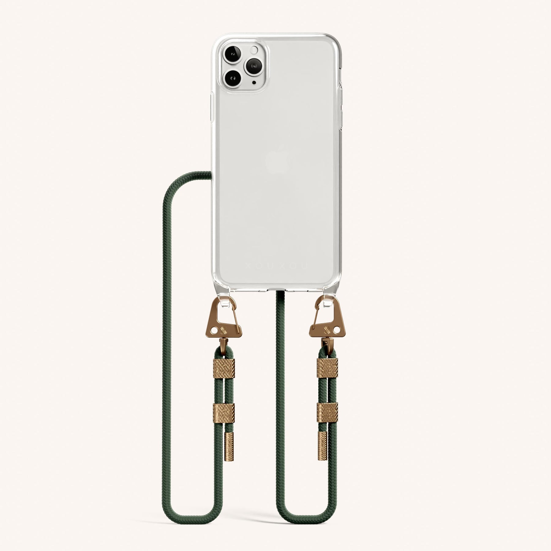 Phone Necklace with Carabiner Rope in Clear + Sage