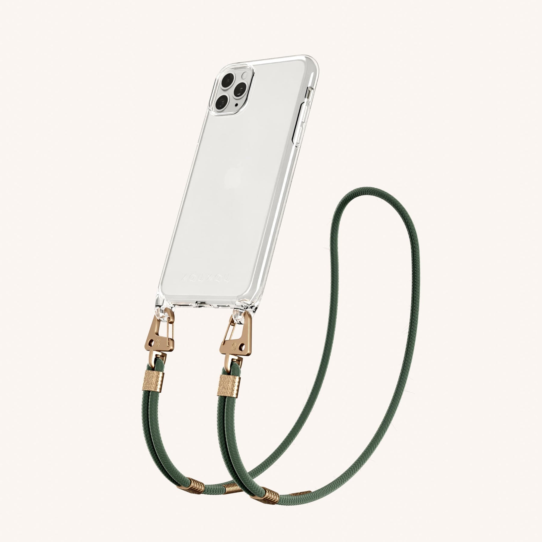 Phone Necklace with Carabiner Rope in Clear + Sage