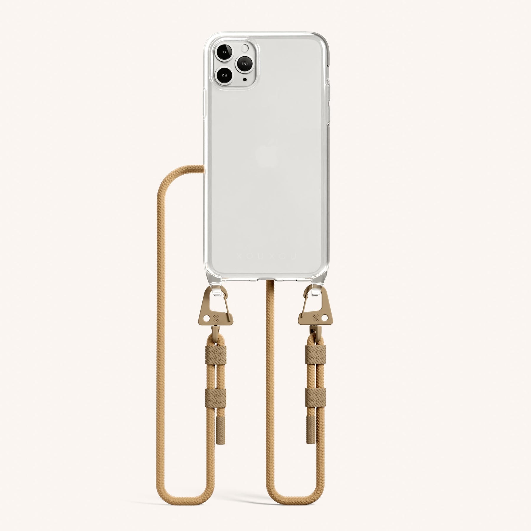 Phone Necklace with Carabiner Rope in Clear + Sand