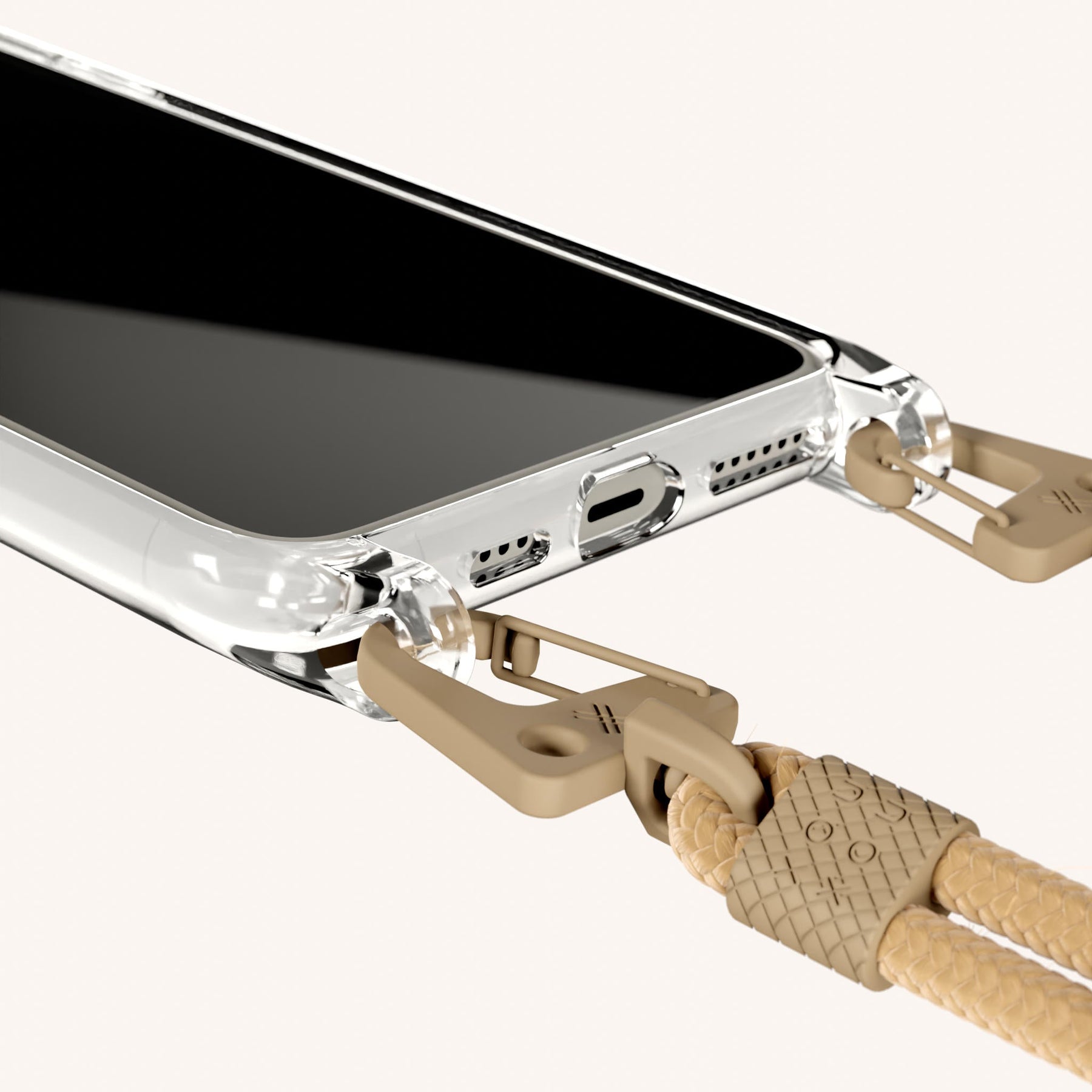 Phone Necklace with Carabiner Rope in Clear + Sand