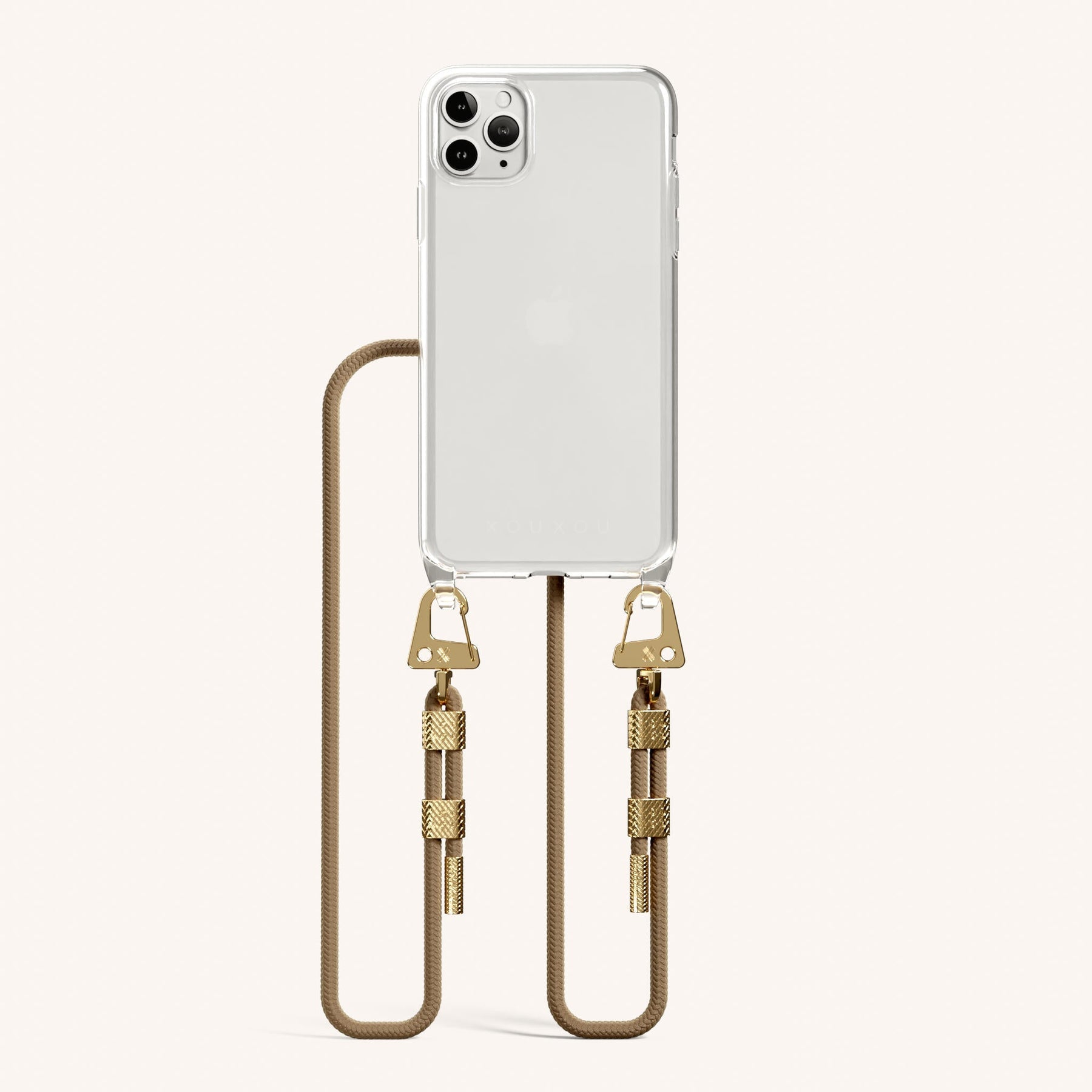 Phone Necklace with Carabiner Rope in Clear + Taupe